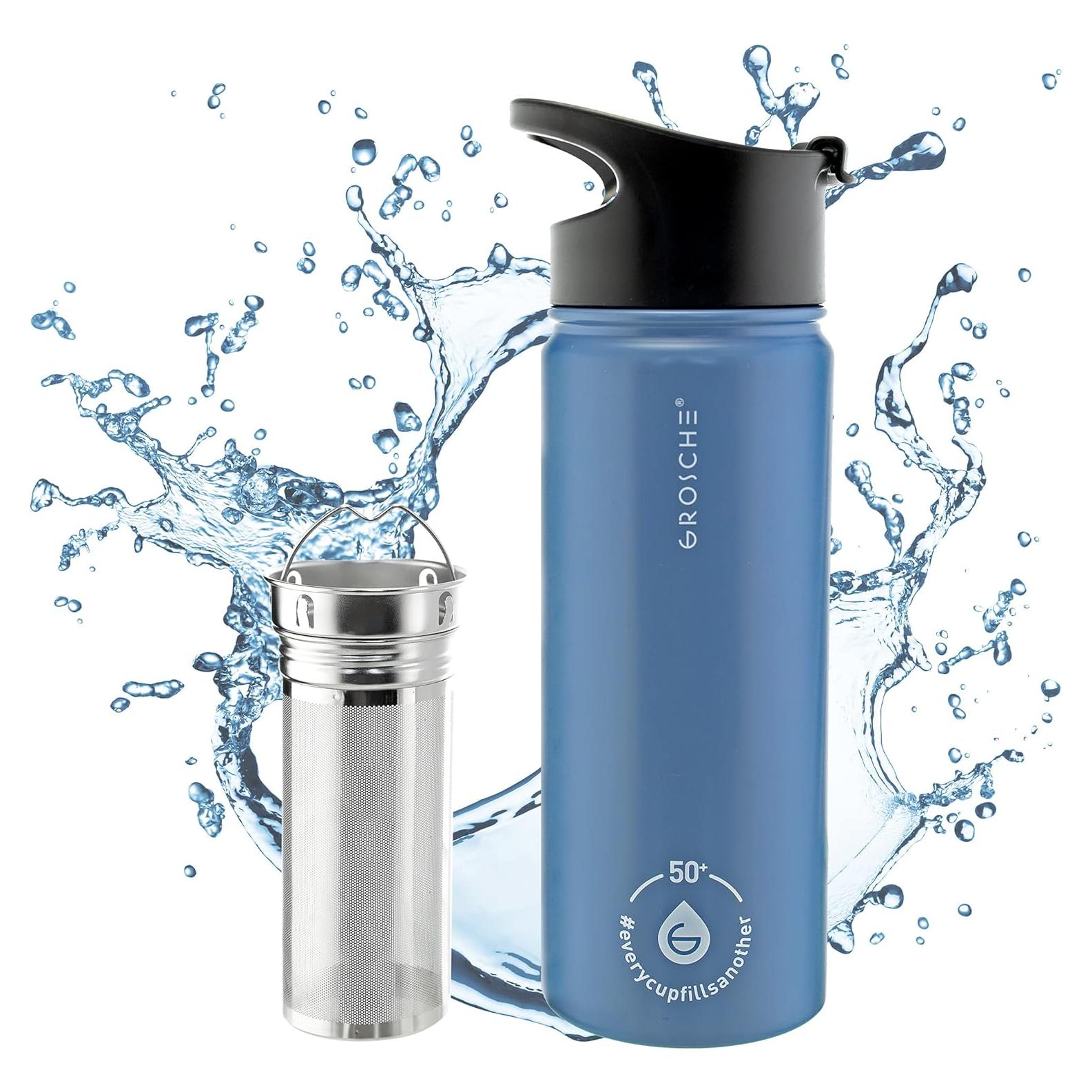 GROSCHE Chicago Stainless Steel Tea Infuser Flask | Beverage Bottle | Hot & Cold Drinks | Loose Leaf Tea Infuser | Travel Convenience Water Bottle | 16 fl oz, Blue