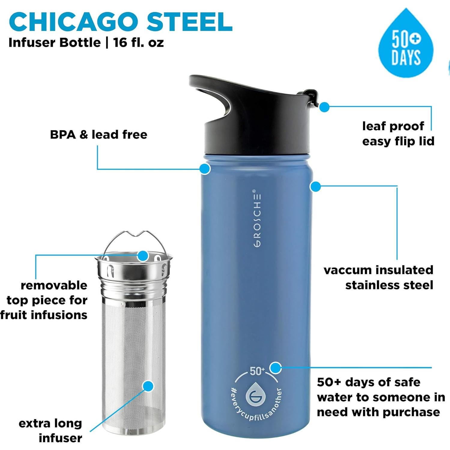 GROSCHE Chicago Stainless Steel Tea Infuser Flask | Beverage Bottle | Hot & Cold Drinks | Loose Leaf Tea Infuser | Travel Convenience Water Bottle | 16 fl oz, Blue