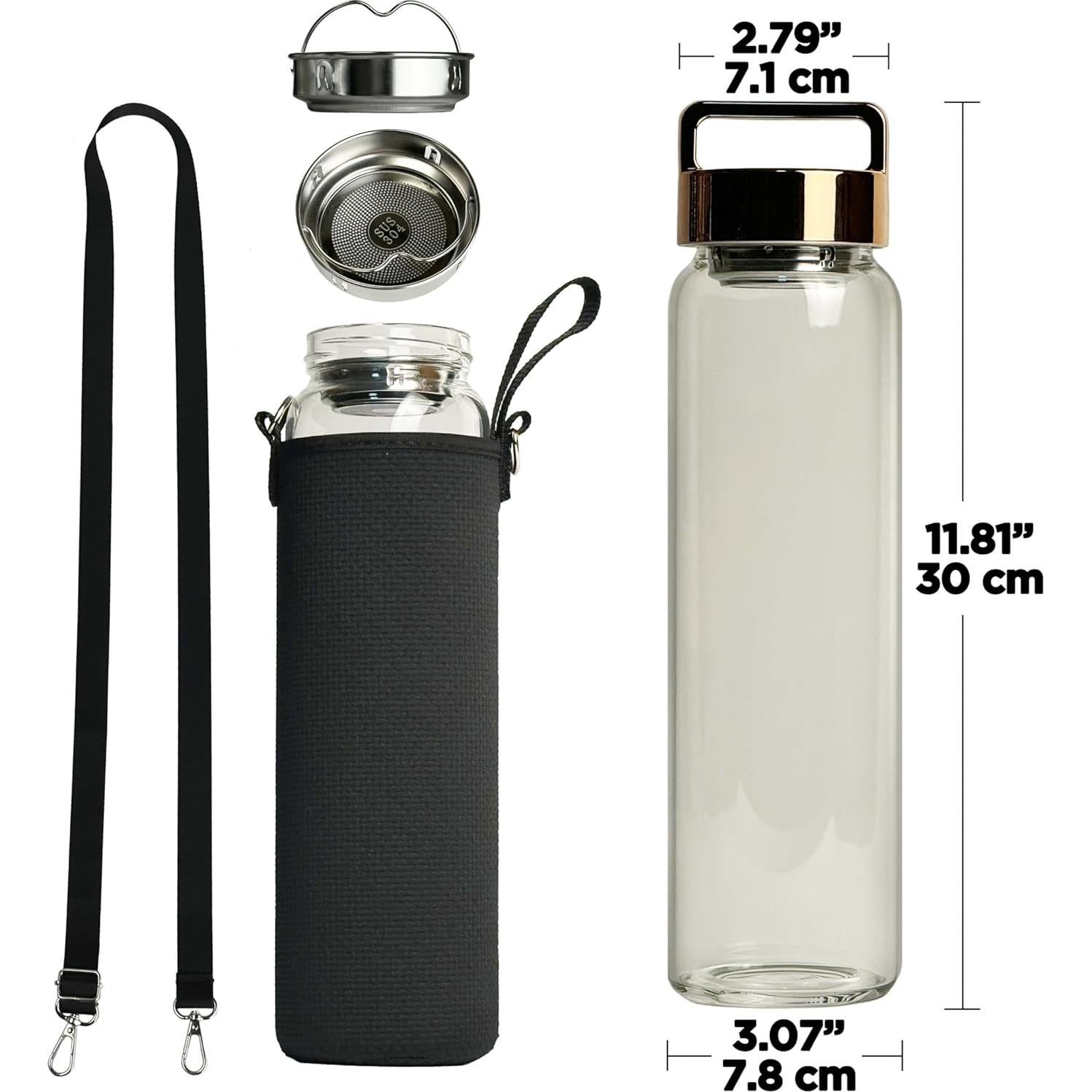 Botella de Agua de Vidrio 32 oz Aecotea con Infusor y Tapa Oro Rosa