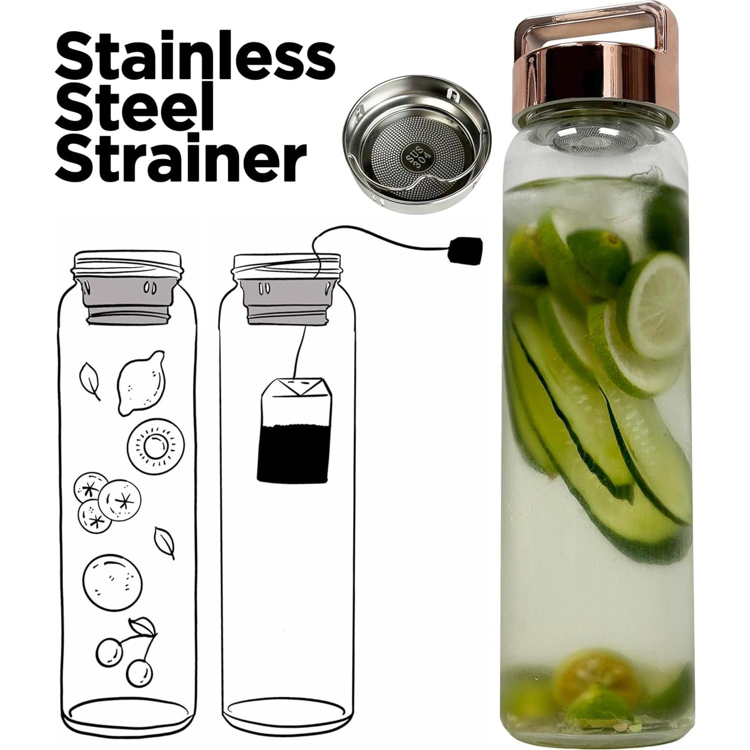 Botella de Agua de Vidrio 32 oz Aecotea con Infusor y Tapa Oro Rosa