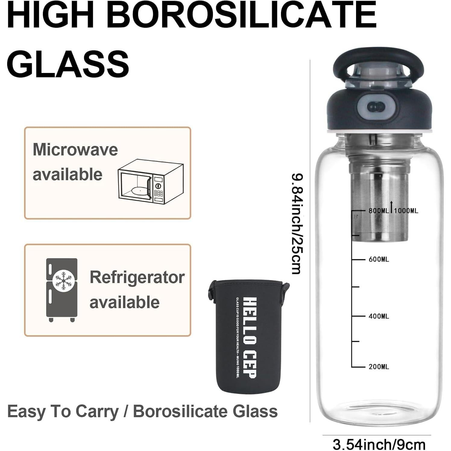 Botella de Agua de Vidrio Borosilicato DNIENKGE 1009ml a Prueba de Fugas