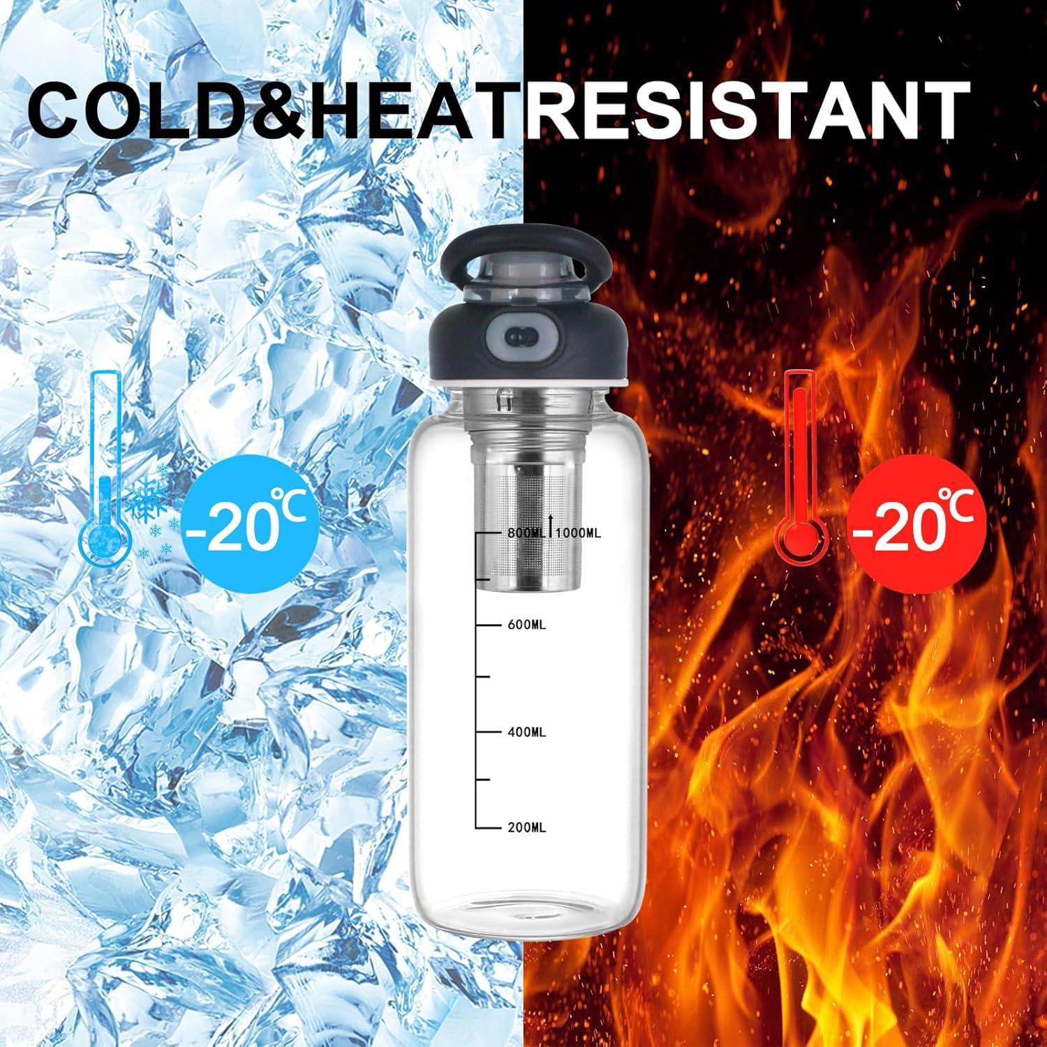 Botella de Agua de Vidrio Borosilicato DNIENKGE 1009ml a Prueba de Fugas