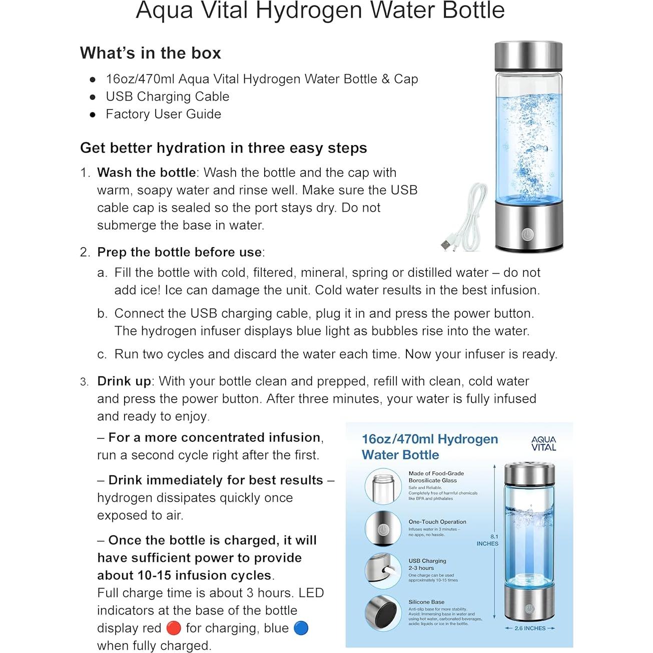 Botella de Agua Hidrogenada Aqua Vital 2025 470 ml USB-C