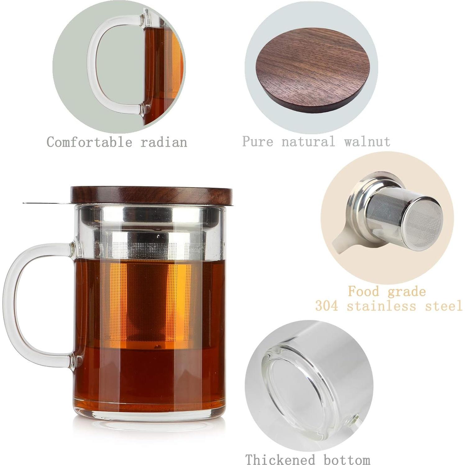 Taza de Té COMI de Vidrio con Infusor y Tapa de Nogal 400ml