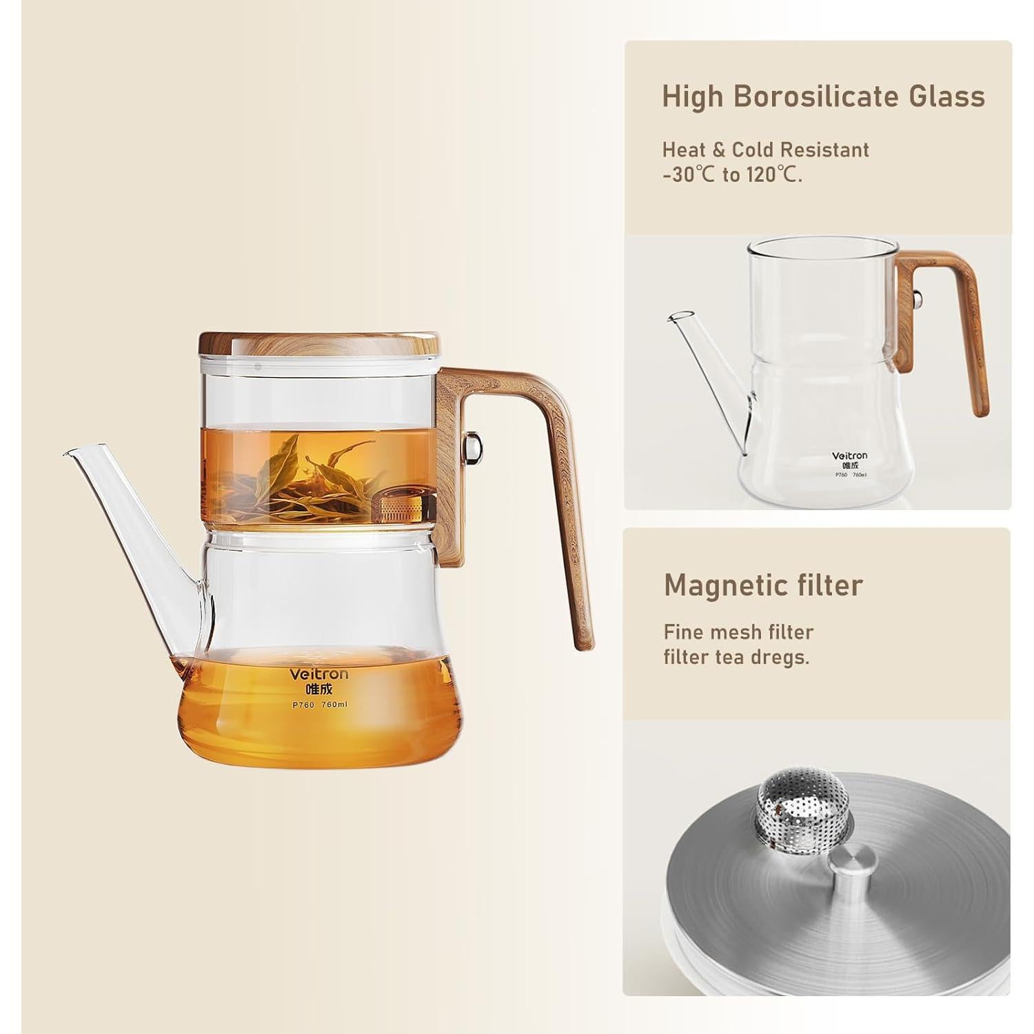 Tetera de Vidrio Veitron 760ml con Infusor Magnético