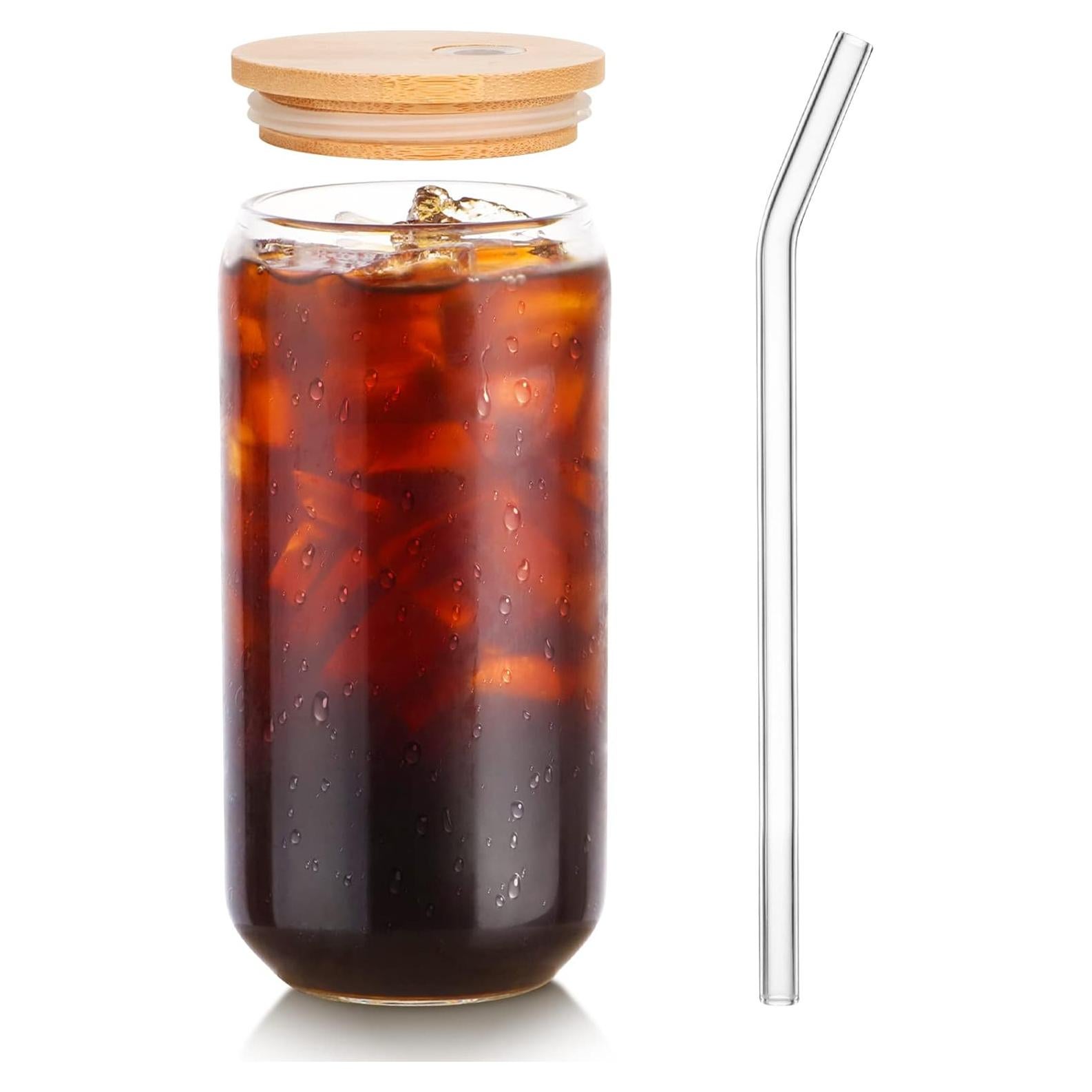 Vaso de Vidrio 16oz Kxuhivc con Tapa de Bambú y Popote