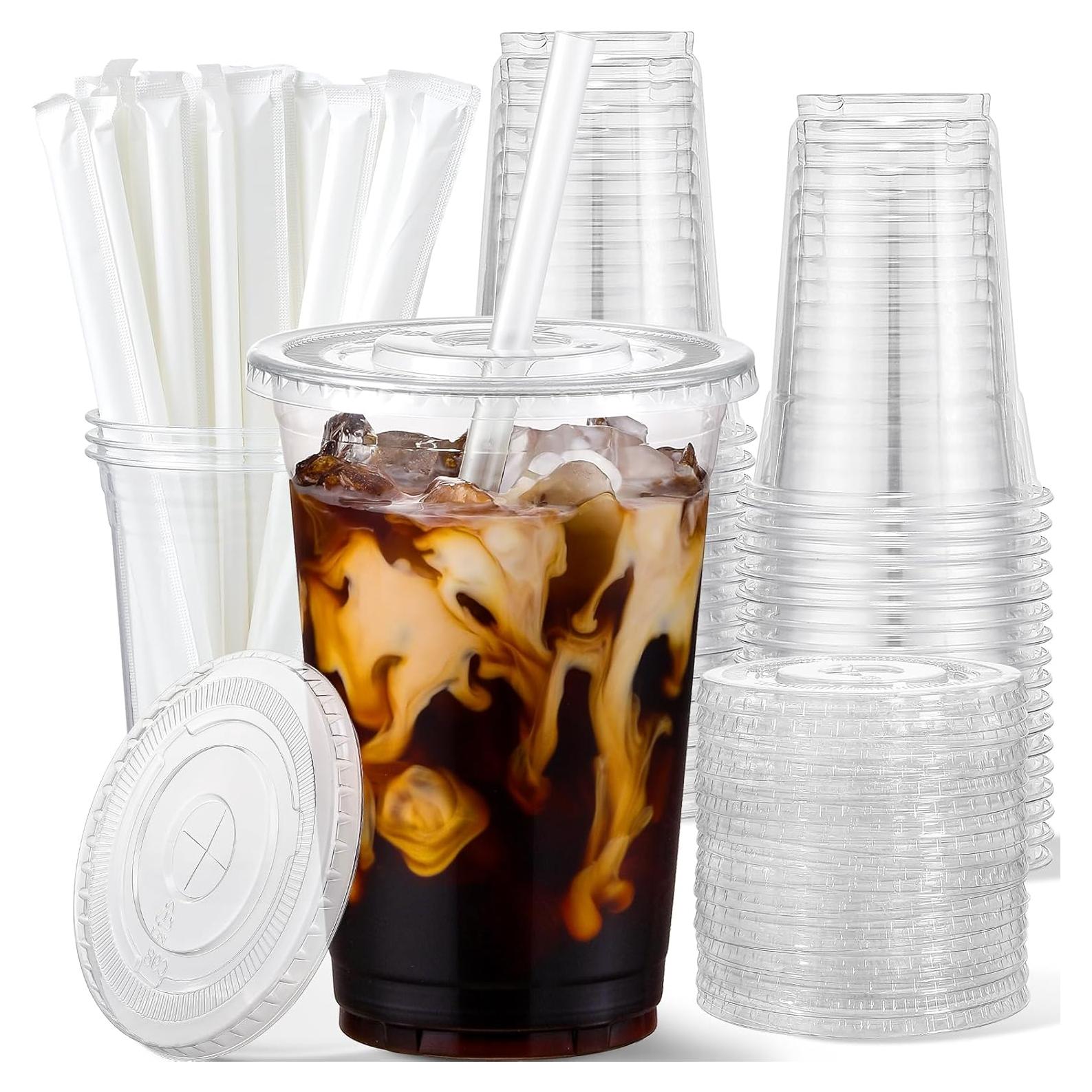 Vasos de Plástico AOZITA 16 Oz - Paquete de 25 con Tapas y Pajitas