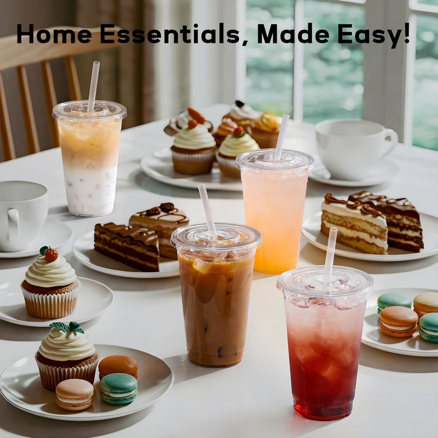 Vasos de Plástico AOZITA 16 Oz - Paquete de 25 con Tapas y Pajitas