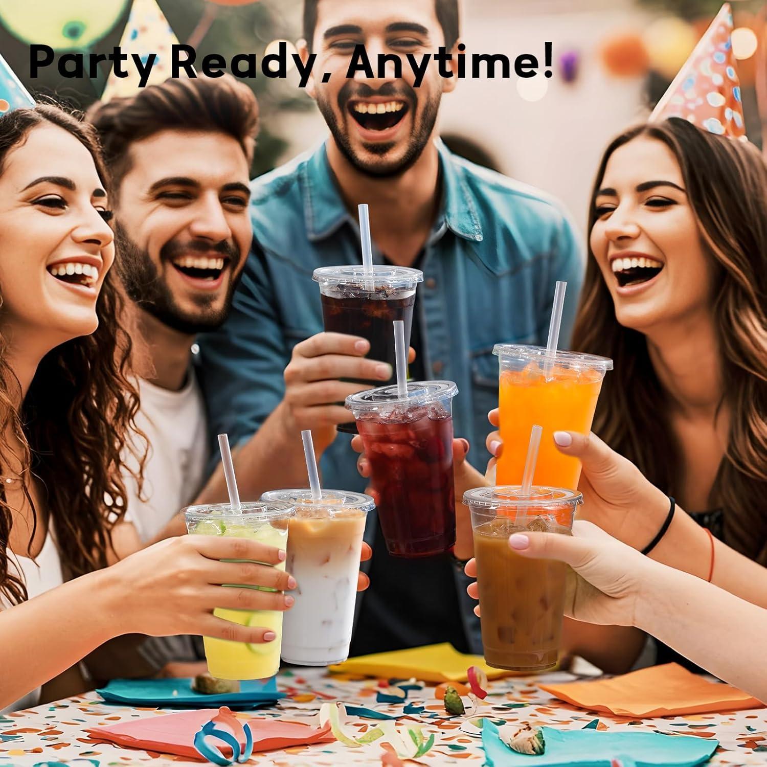 Vasos de Plástico AOZITA 16 Oz - Paquete de 25 con Tapas y Pajitas