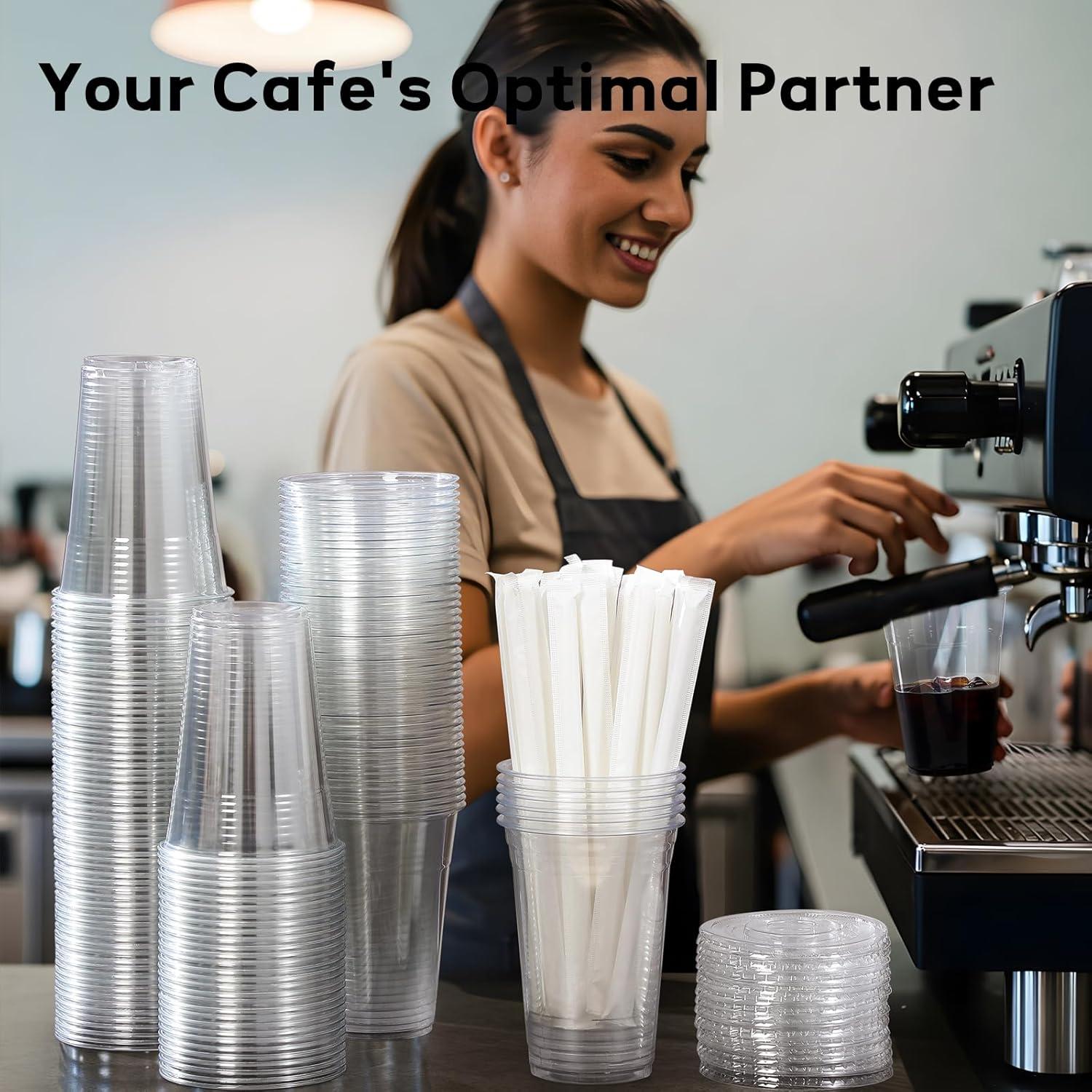 Vasos de Plástico AOZITA 16 Oz - Paquete de 25 con Tapas y Pajitas