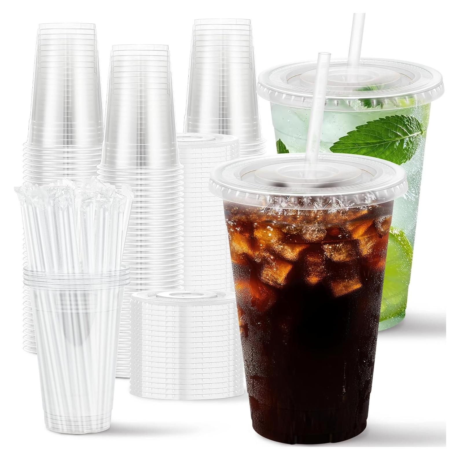 Paquete de 100 vasos desechables Huifany 480 ml con tapas y popotes