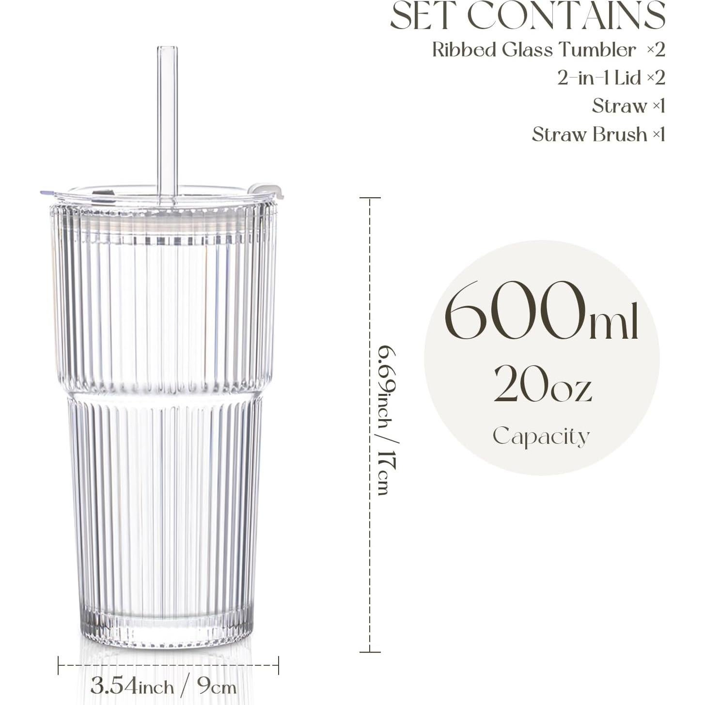 Vasos de Vidrio Estriado KEMORELA 20oz con Tapas y Pajitas