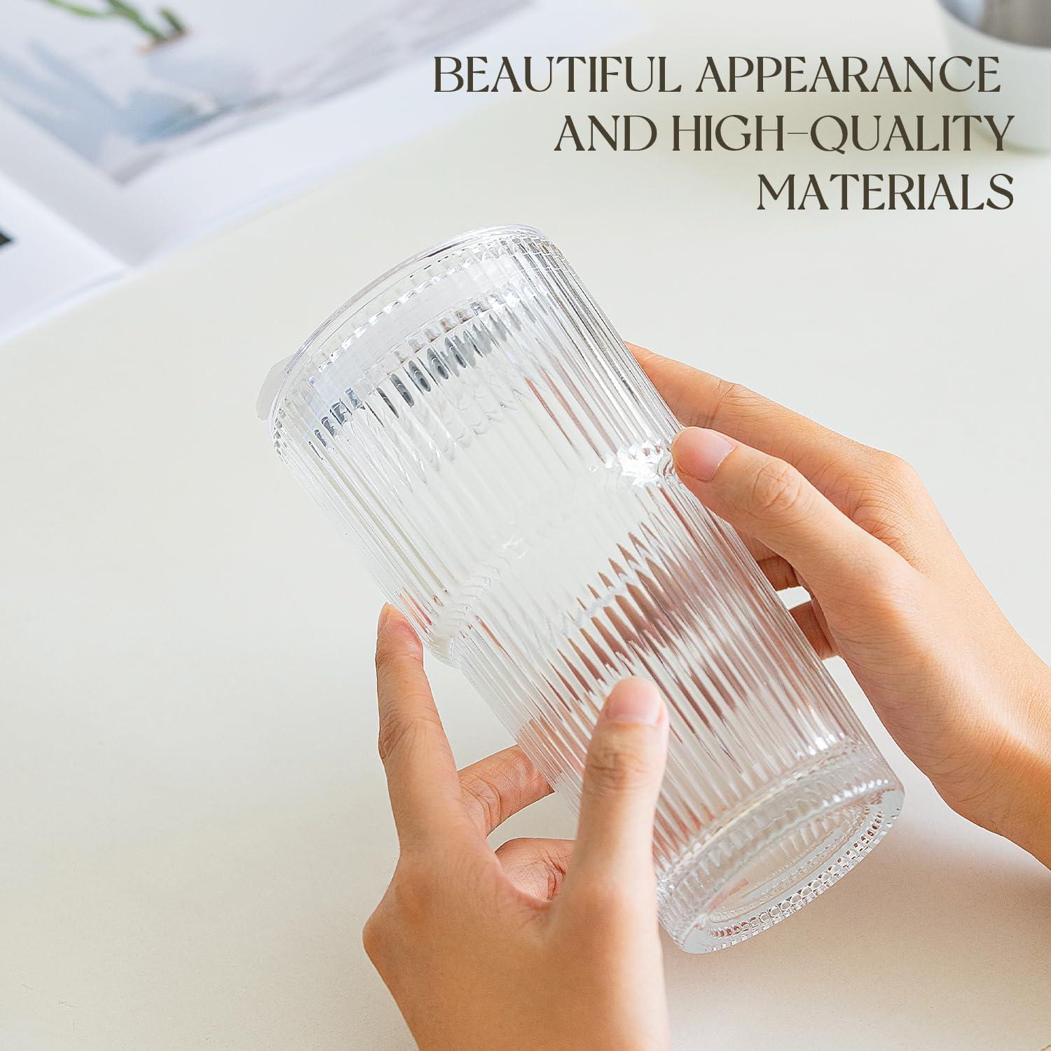 Vasos de Vidrio Estriado KEMORELA 20oz con Tapas y Pajitas