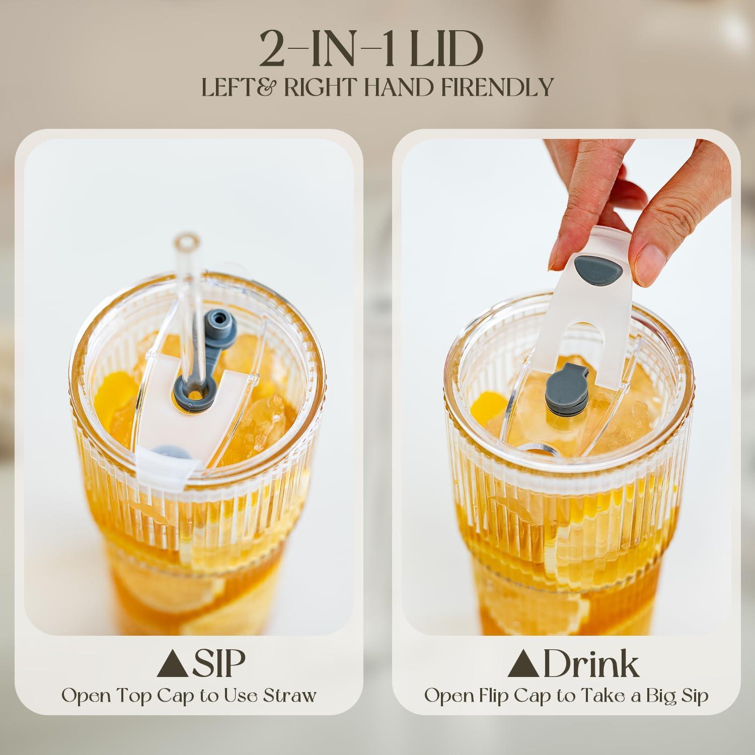 Vasos de Vidrio Estriado KEMORELA 20oz con Tapas y Pajitas