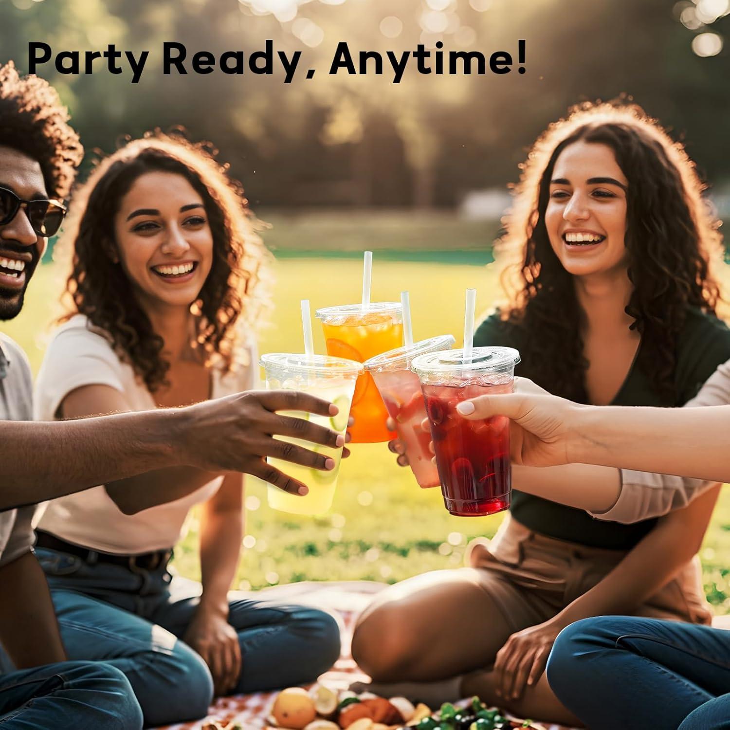 AOZITA 100 Vasos Plástico 16 Oz Transparentes con Tapas y Pajitas