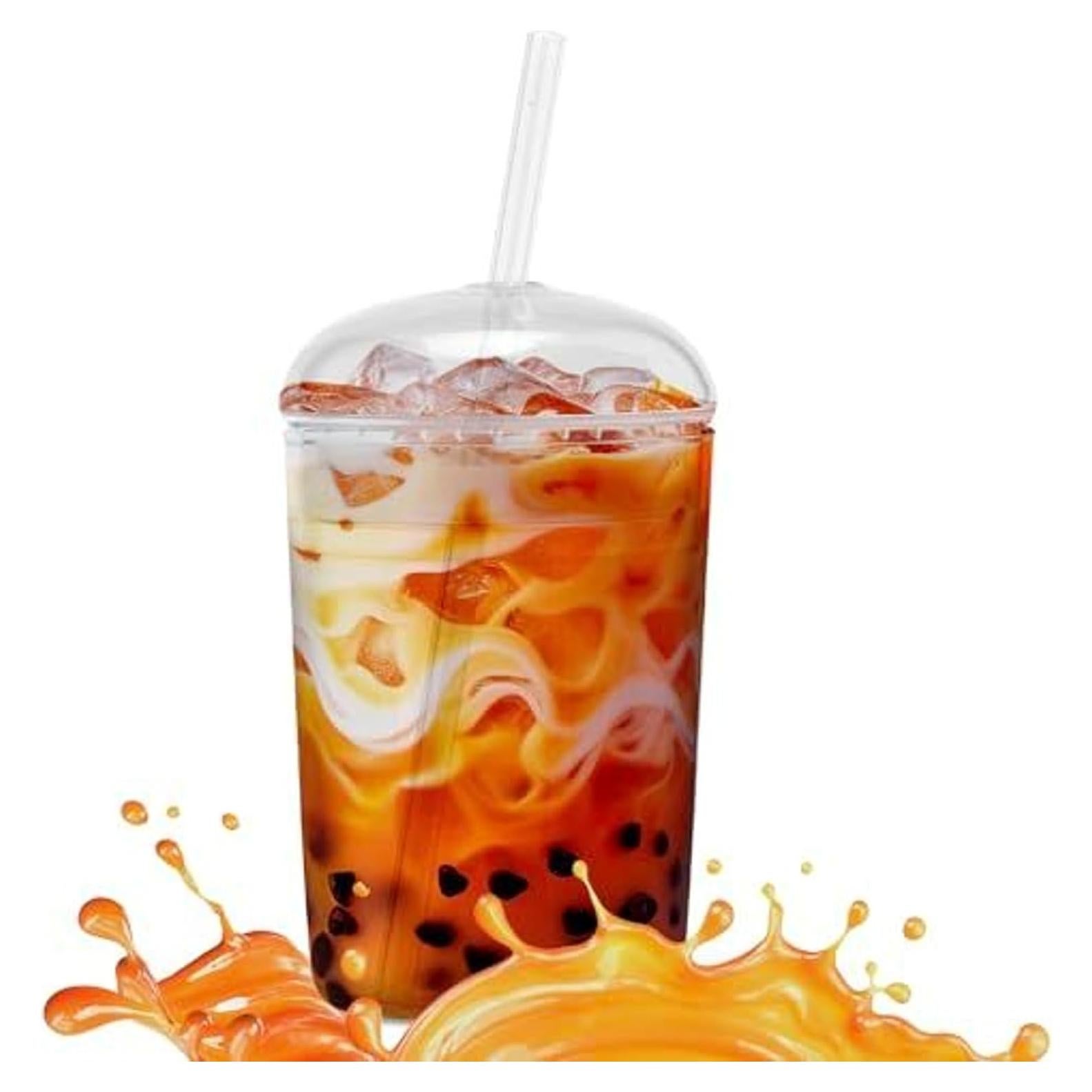 Vaso de vidrio Maplefield 473ml con tapa de domo y popote