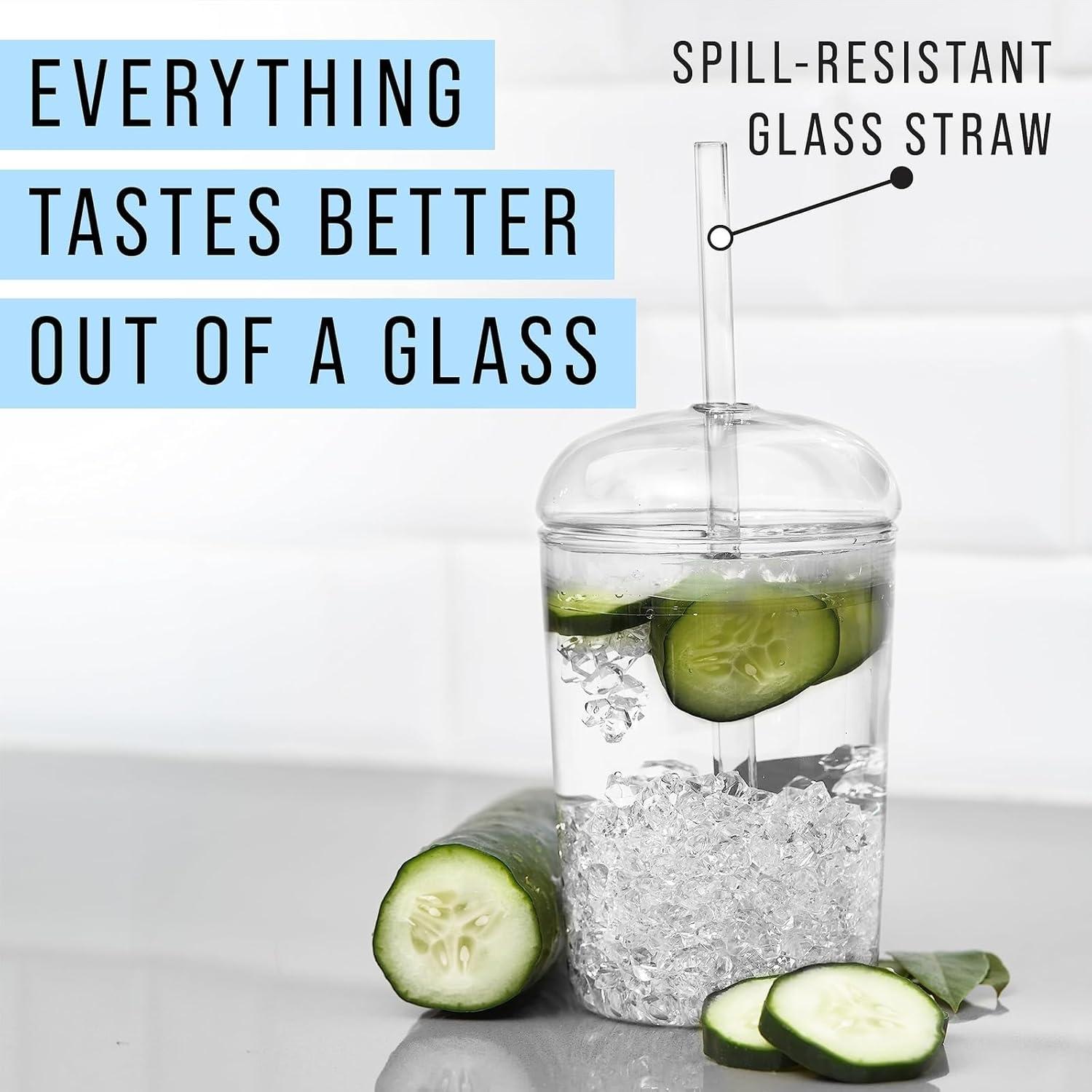 Vaso de vidrio Maplefield 473ml con tapa de domo y popote