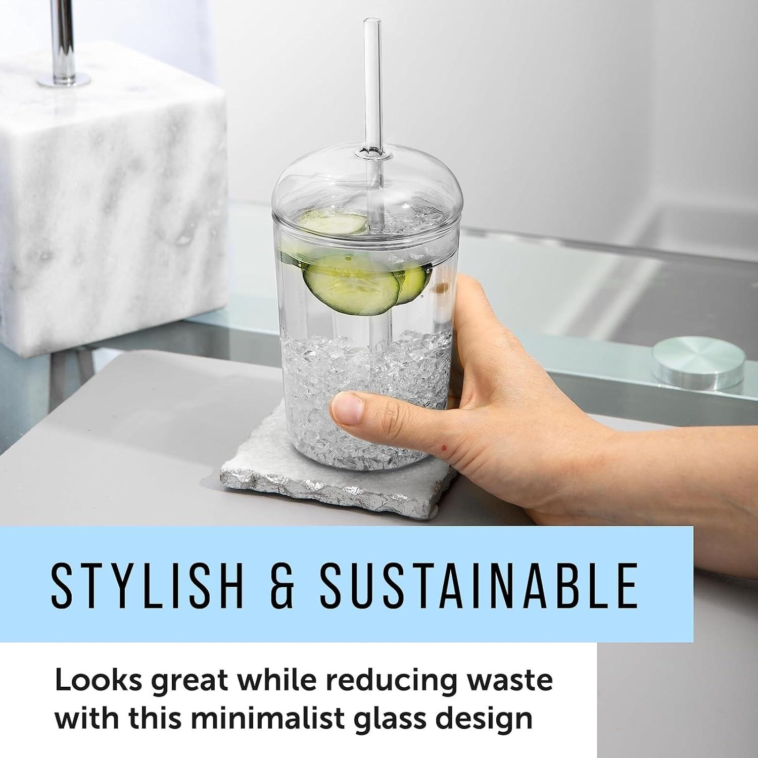 Vaso de vidrio Maplefield 473ml con tapa de domo y popote