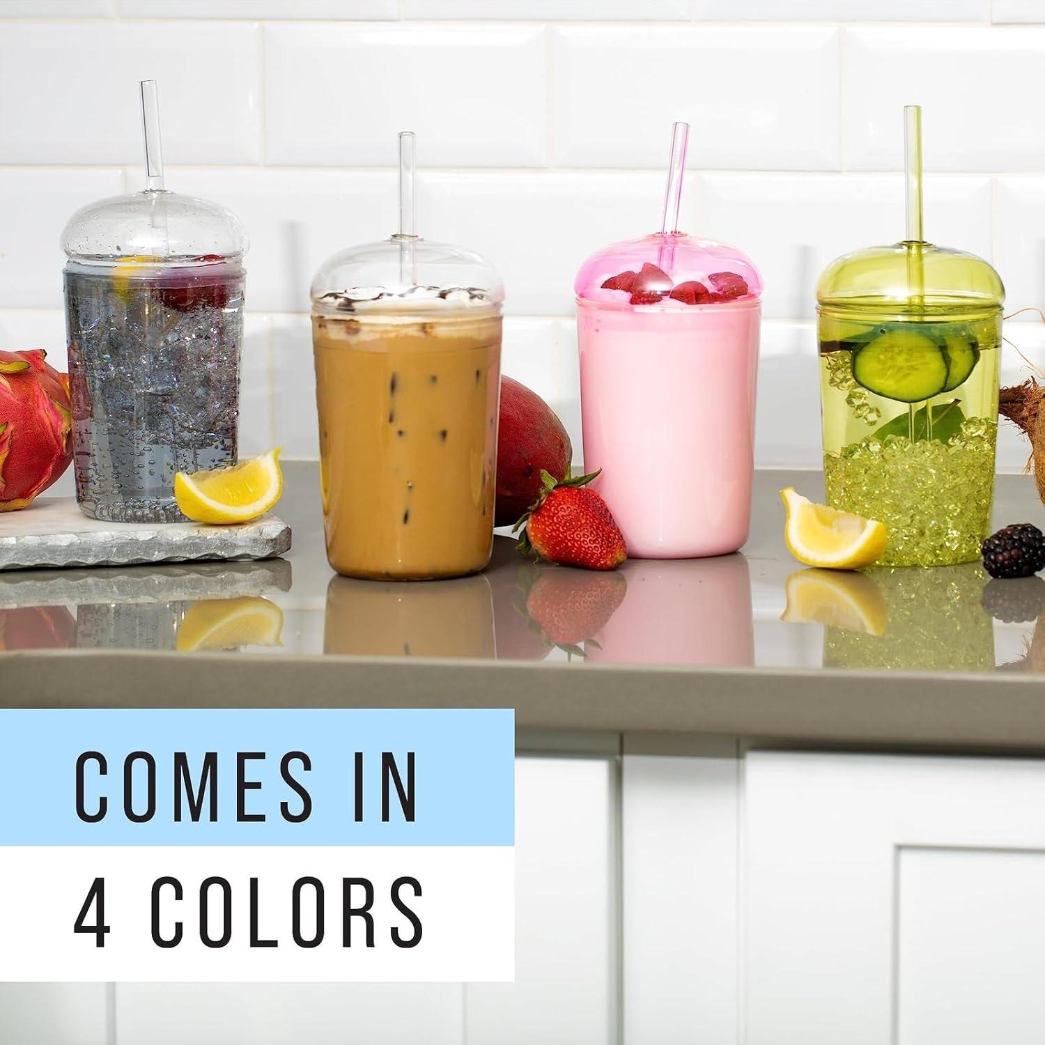 Vaso de vidrio Maplefield 473ml con tapa de domo y popote