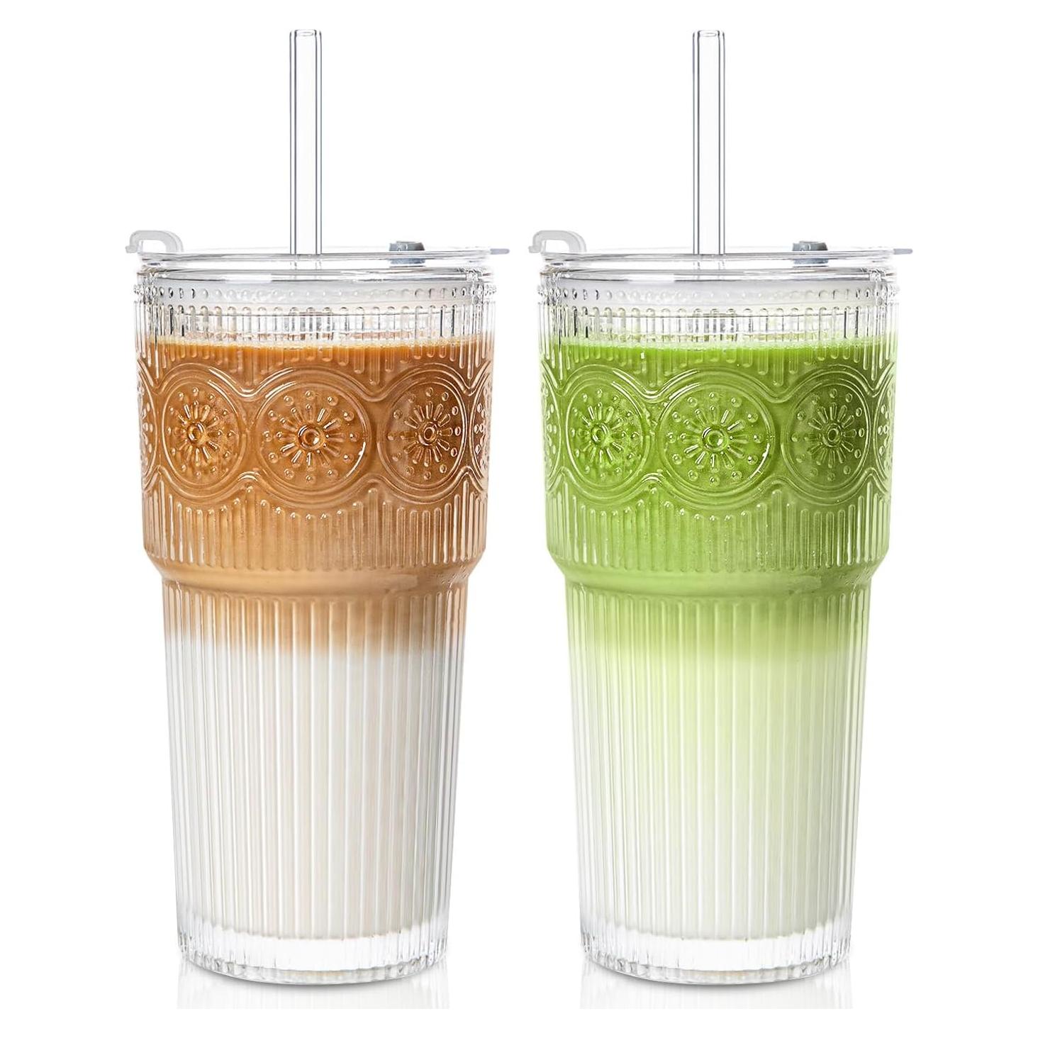 Set de 2 Vasos de Vidrio INSETLAN 20oz con Tapas y Pajitas