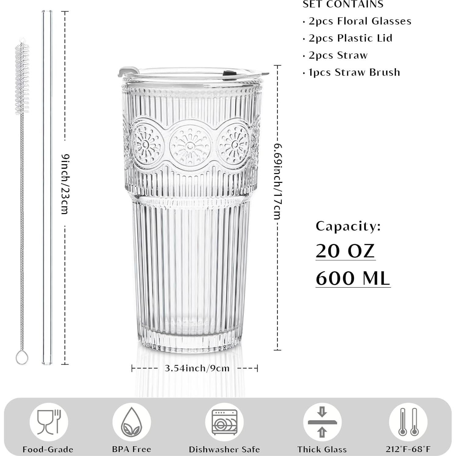 Set de 2 Vasos de Vidrio INSETLAN 20oz con Tapas y Pajitas