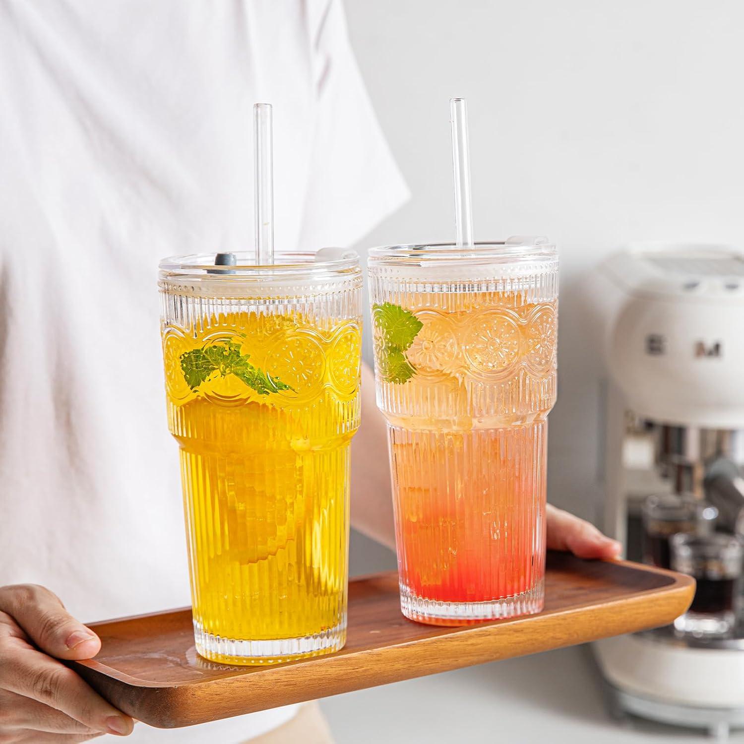 Set de 2 Vasos de Vidrio INSETLAN 20oz con Tapas y Pajitas