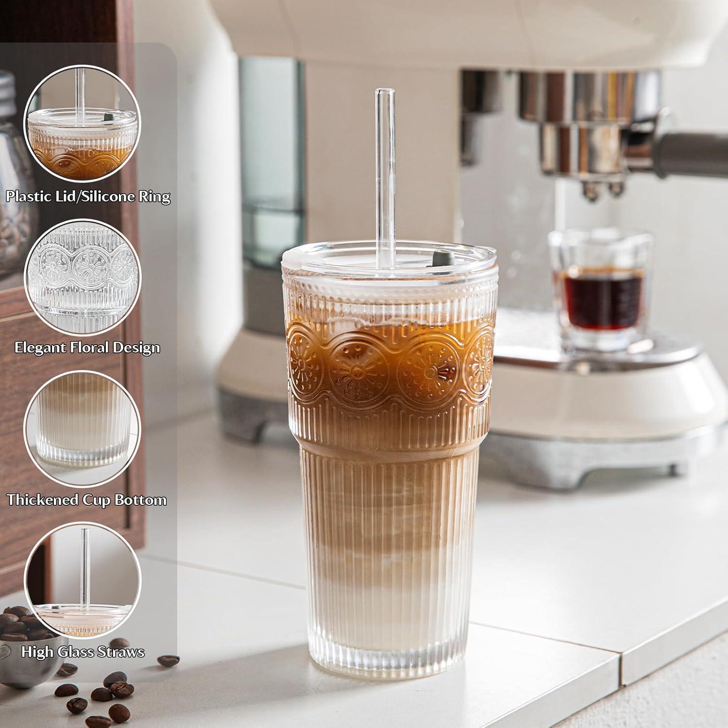 Set de 2 Vasos de Vidrio INSETLAN 20oz con Tapas y Pajitas