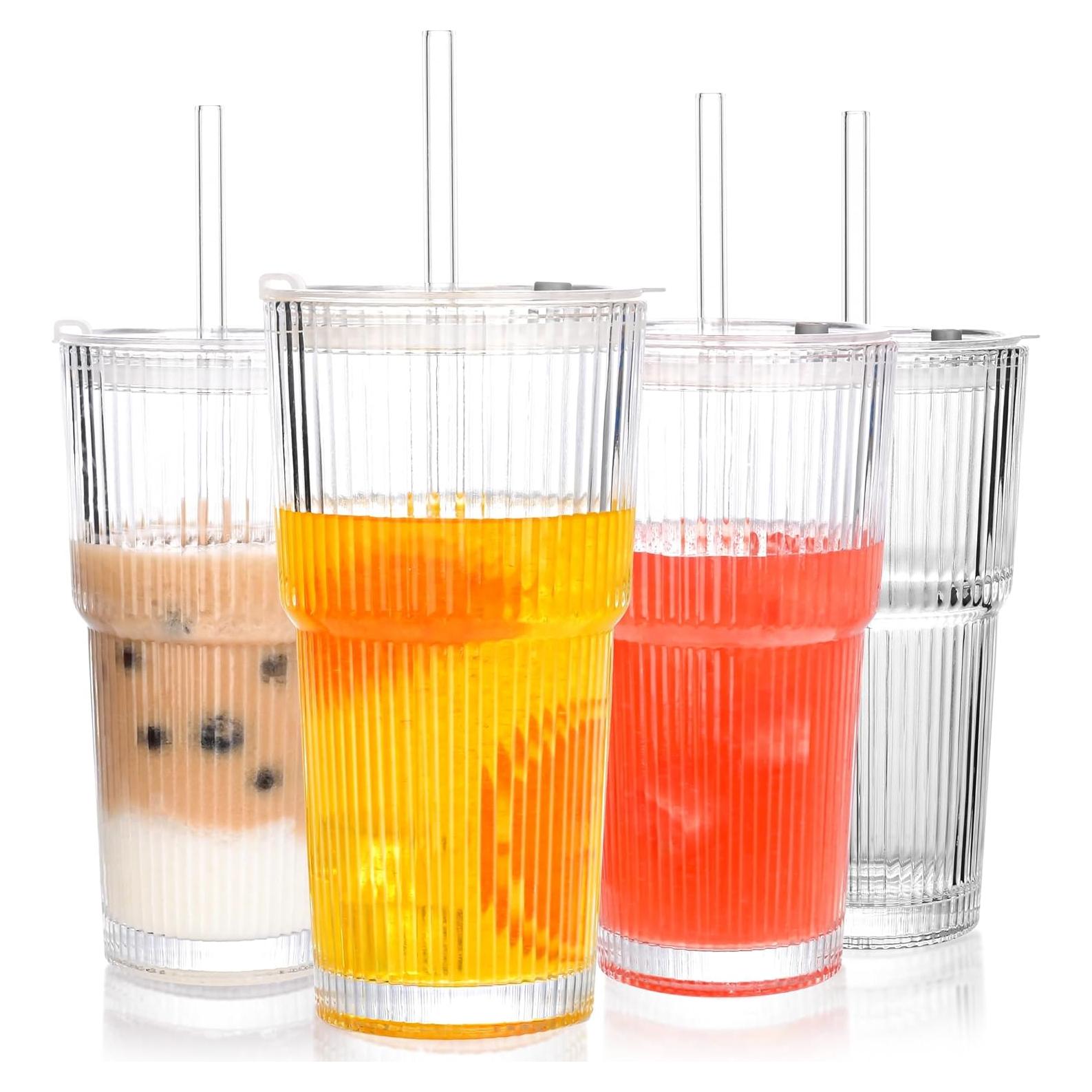Juego de 4 Vasos de Vidrio 591 ml Amyoole con Tapas y Popotes