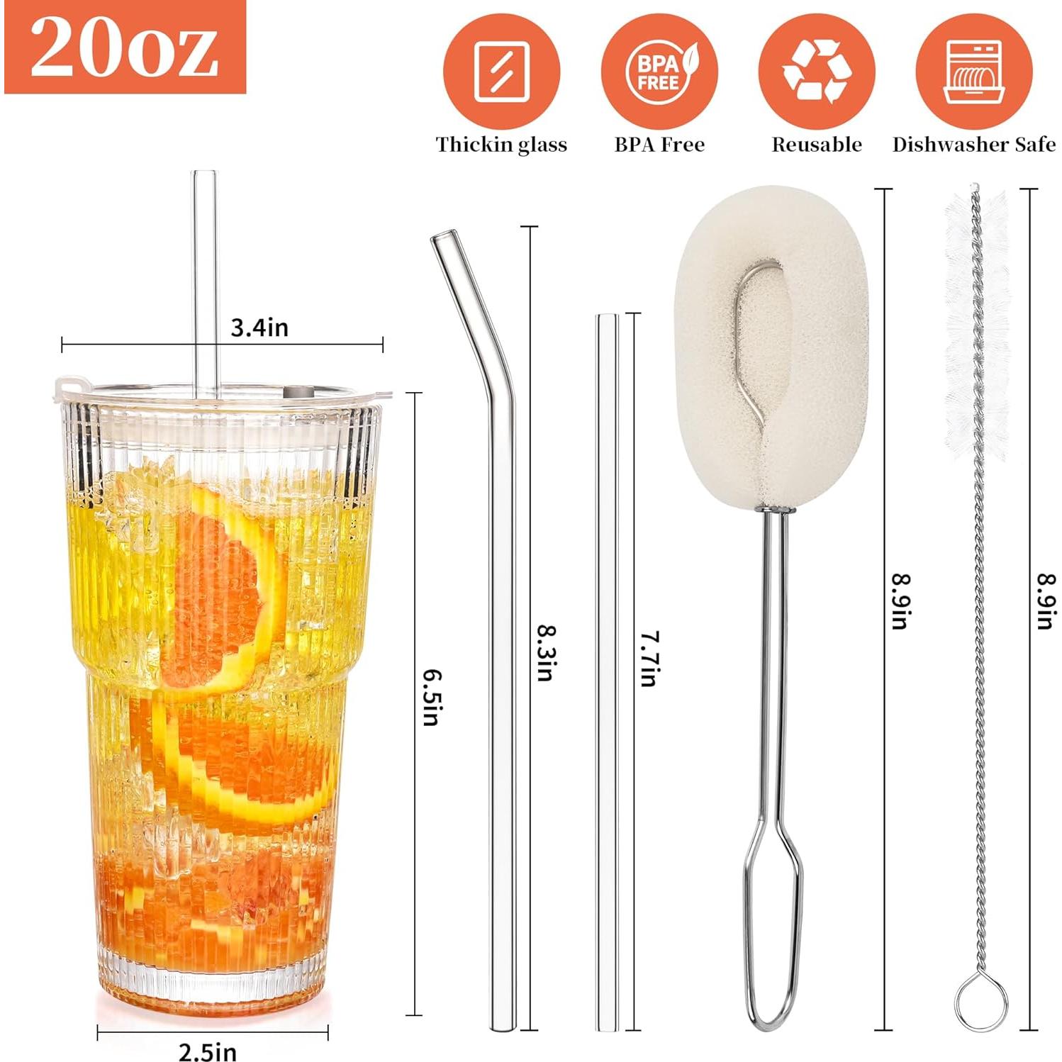 Juego de 4 Vasos de Vidrio 591 ml Amyoole con Tapas y Popotes