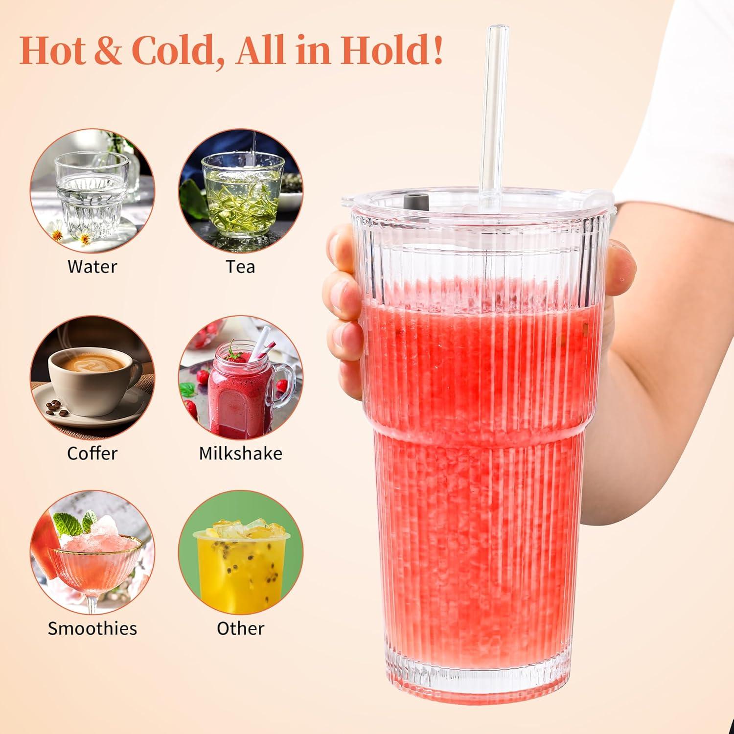 Juego de 4 Vasos de Vidrio 591 ml Amyoole con Tapas y Popotes