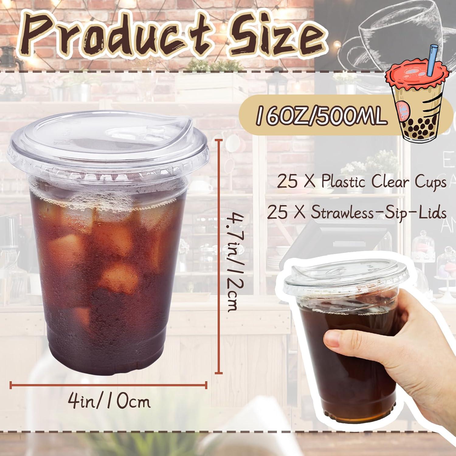 Vasos de Plástico Transparentes Qinsihwn 16 oz con Tapas - 25 Pcs