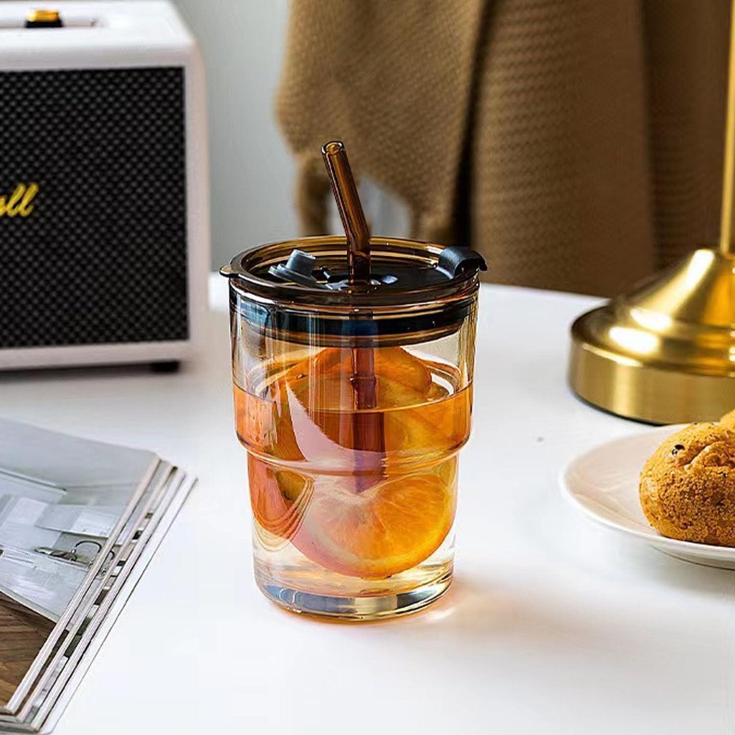 Taza de vidrio 400ml LEKAYIHU con tapa y popote Ámbar