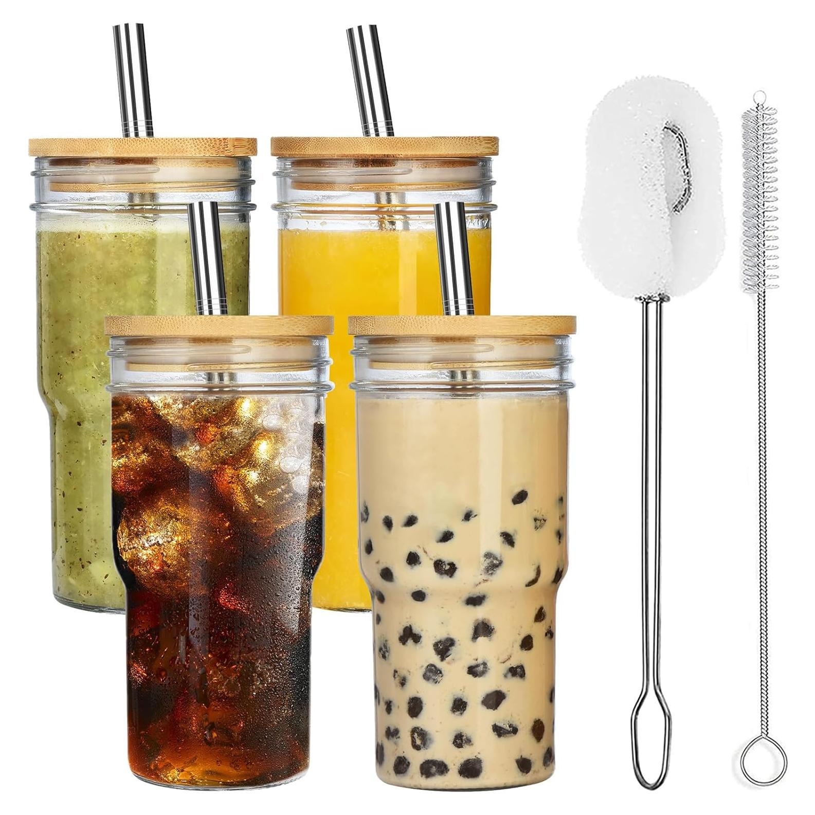 Juego de 4 Tazas de Vidrio ALINK con Tapas de Bambú 624ml
