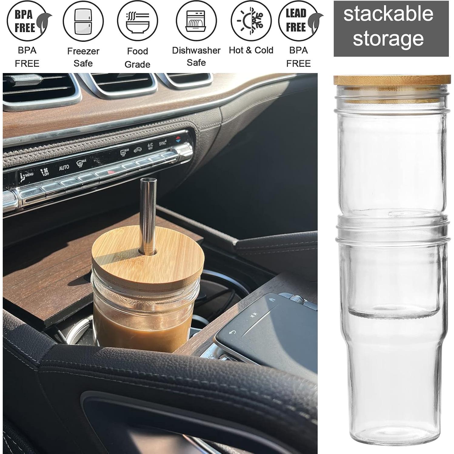 Juego de 4 Tazas de Vidrio ALINK con Tapas de Bambú 624ml