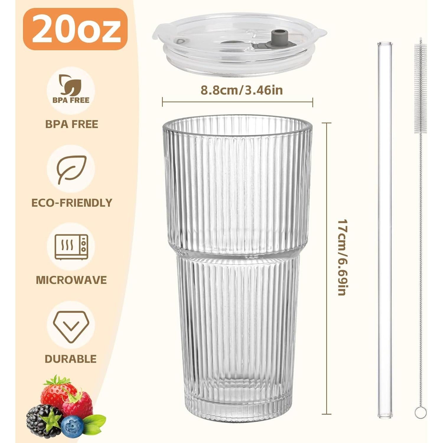 Vaso de Vidrio Estriado 20oz AUFXKOO con Tapa y Pajita