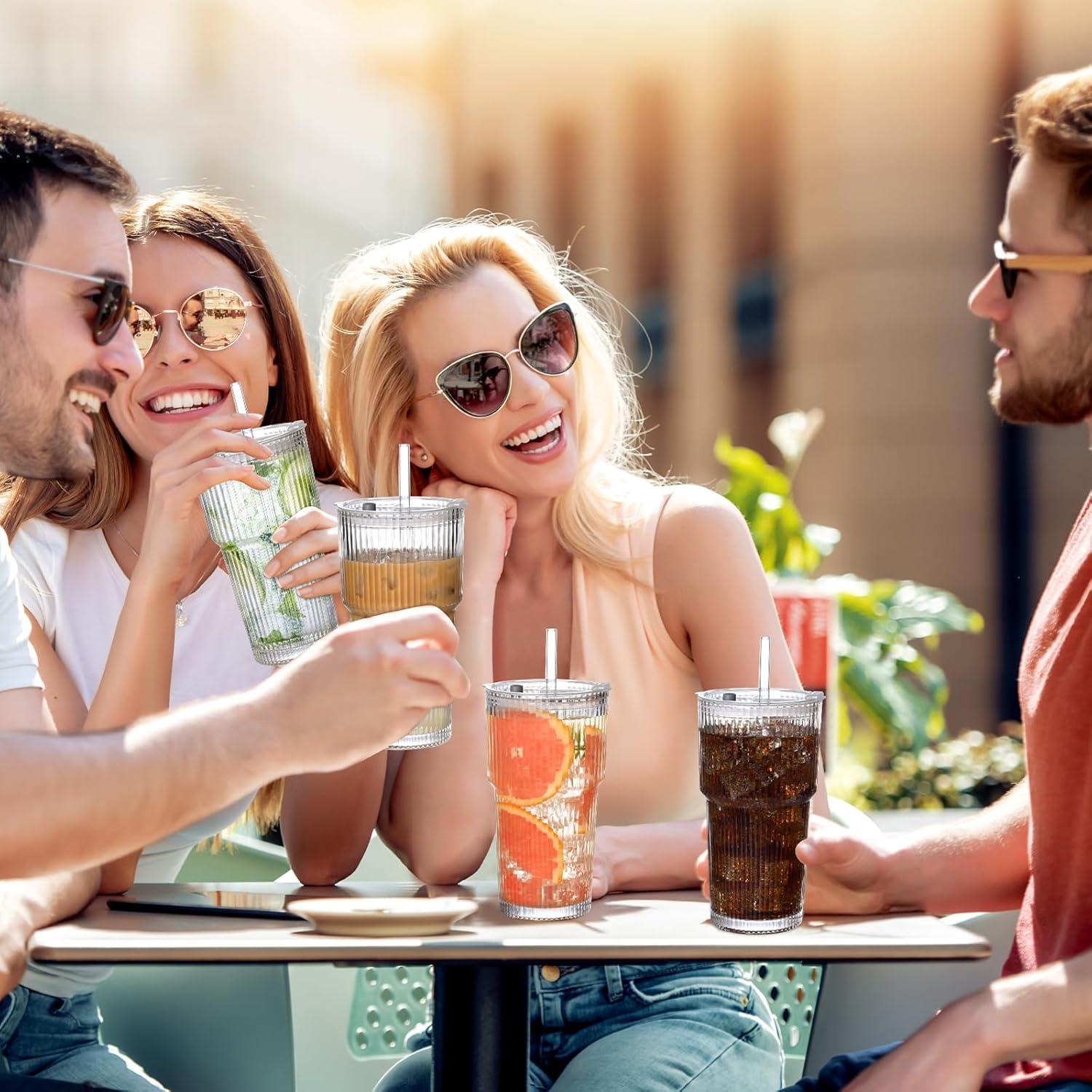 Vaso de Vidrio Estriado 20oz AUFXKOO con Tapa y Pajita