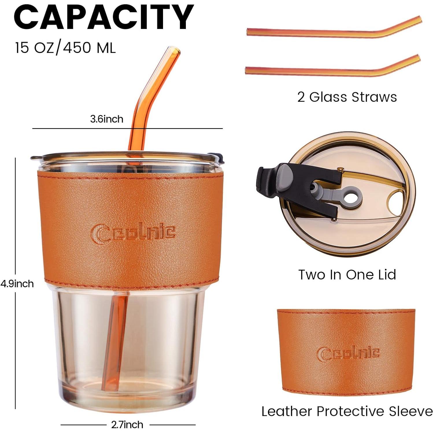 Taza de Vidrio Colnic 450ml con Tapa y Pajitas - Ámbar