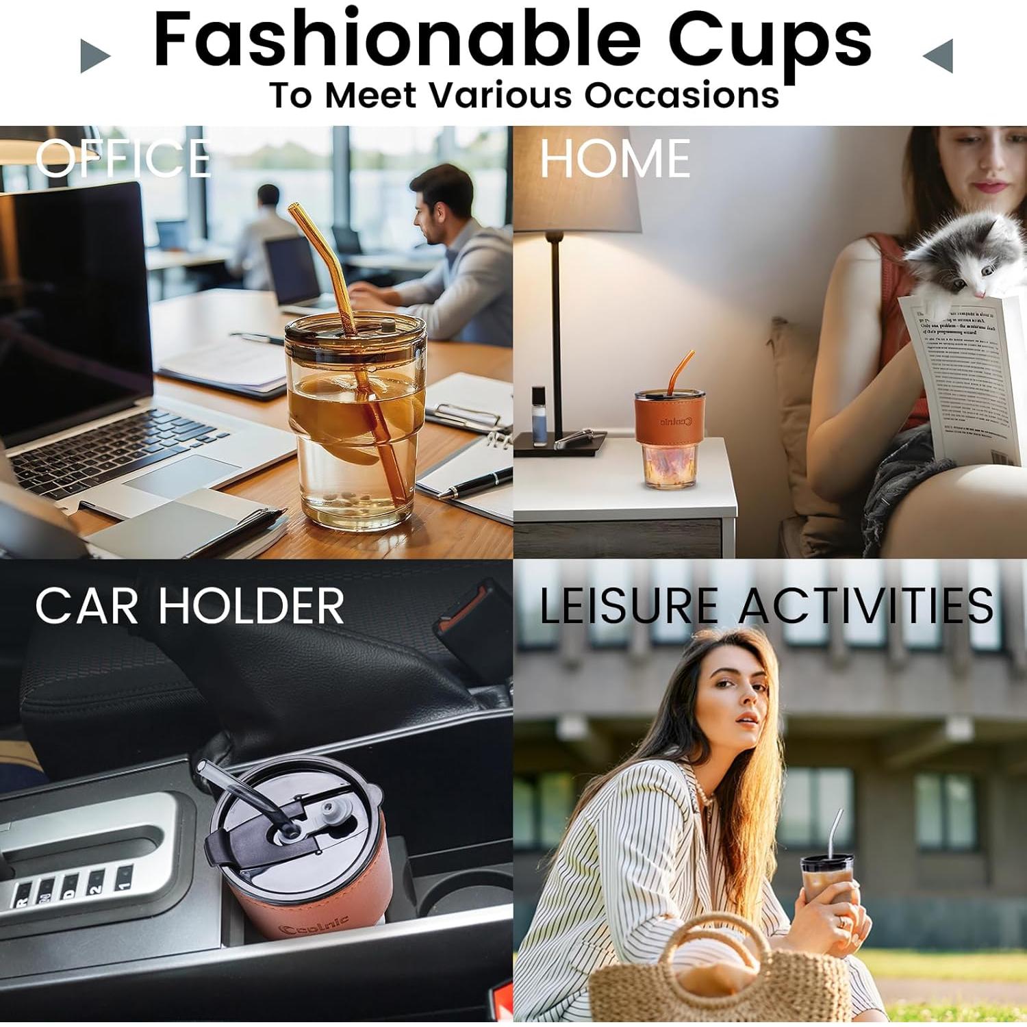 Taza de Vidrio Colnic 450ml con Tapa y Pajitas - Ámbar