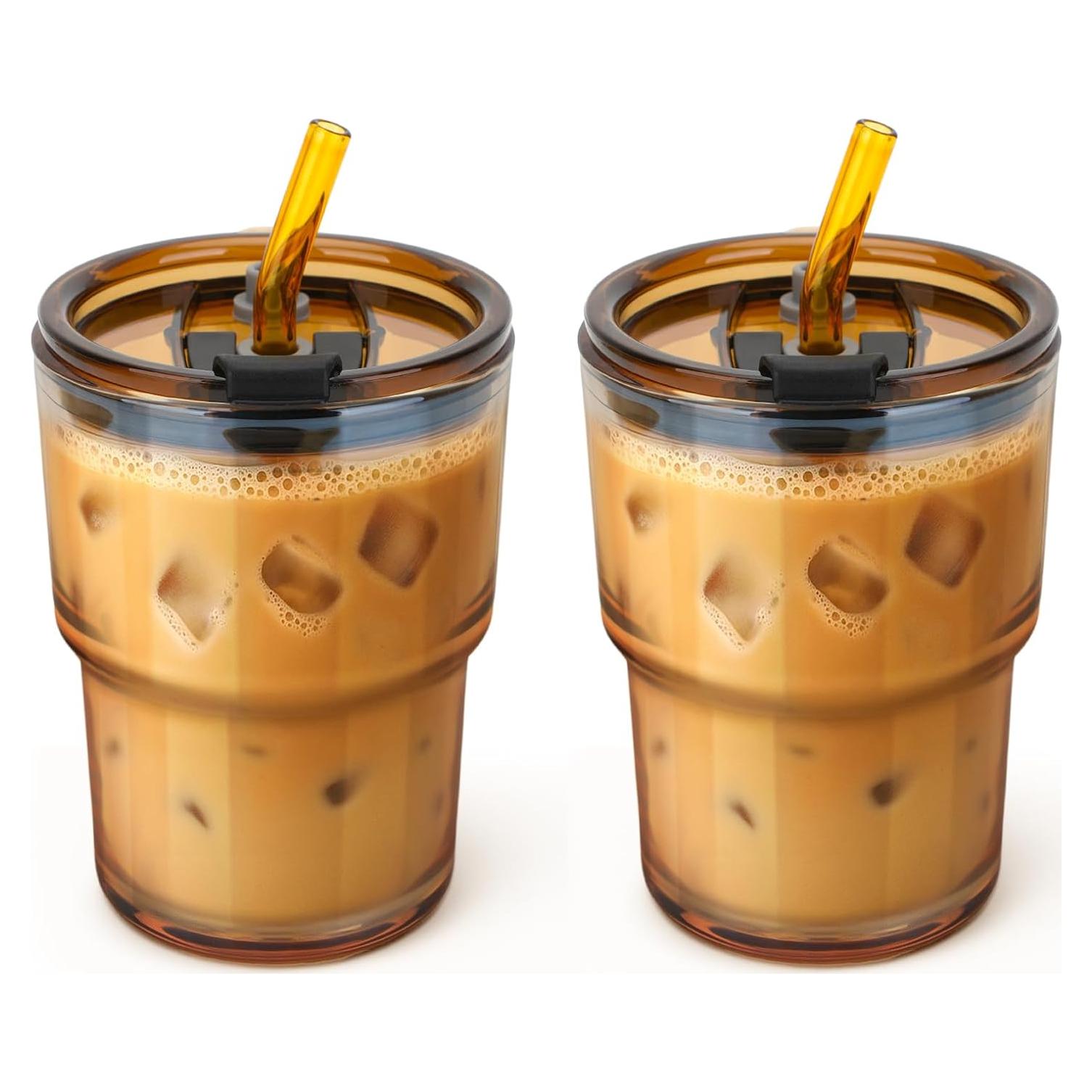 Taza de vidrio 13 oz Cafezi con popote y tapa a prueba de fugas