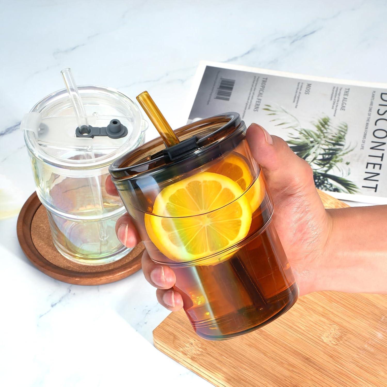 Taza de vidrio 13 oz Cafezi con popote y tapa a prueba de fugas