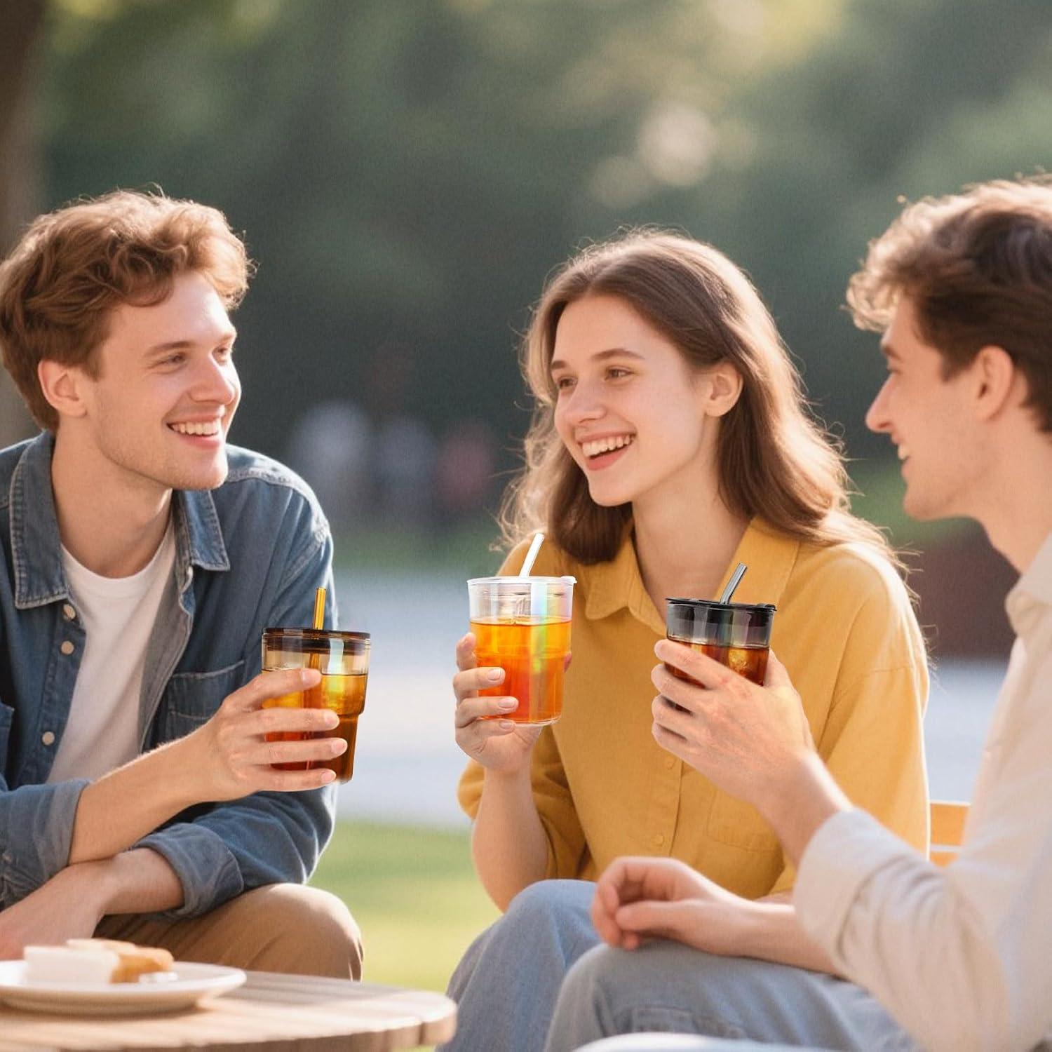 Taza de vidrio 13 oz Cafezi con popote y tapa a prueba de fugas