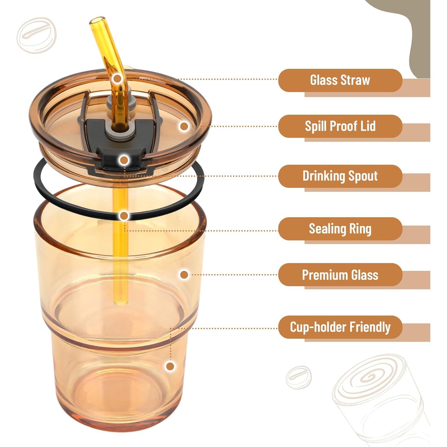 Taza de vidrio 13 oz Cafezi con popote y tapa a prueba de fugas