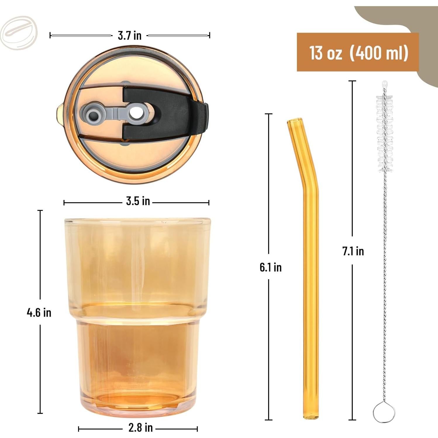 Taza de vidrio 13 oz Cafezi con popote y tapa a prueba de fugas