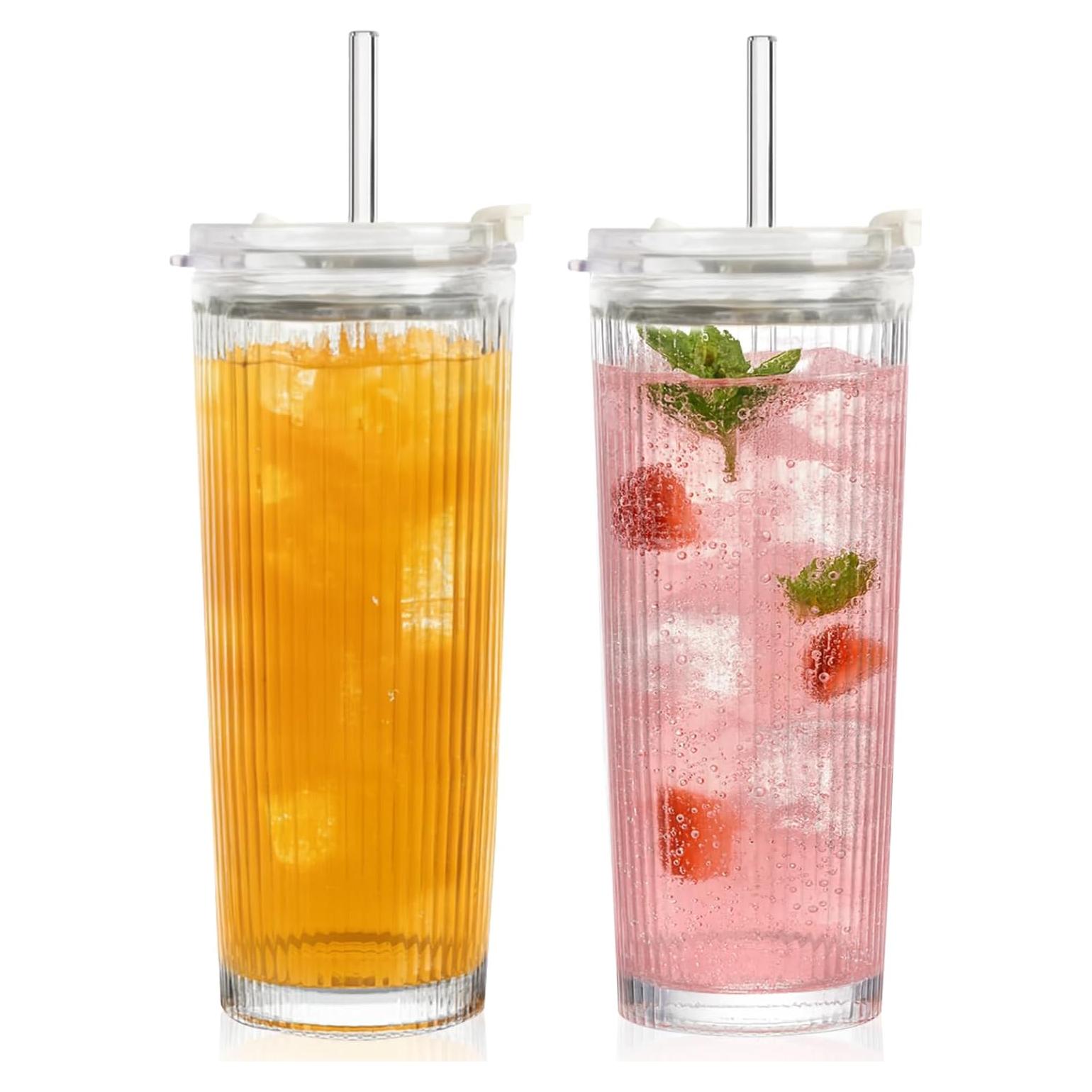 Vasos de Vidrio Estriado WERTIOO 20 Oz con Popote y Tapa - 2 Piezas