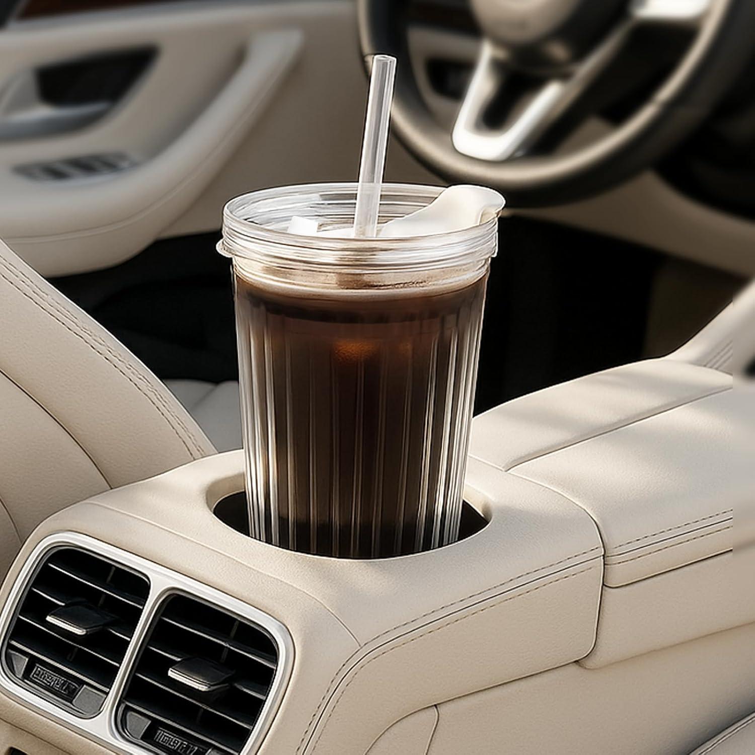 Vasos de Vidrio Estriado WERTIOO 20 Oz con Popote y Tapa - 2 Piezas