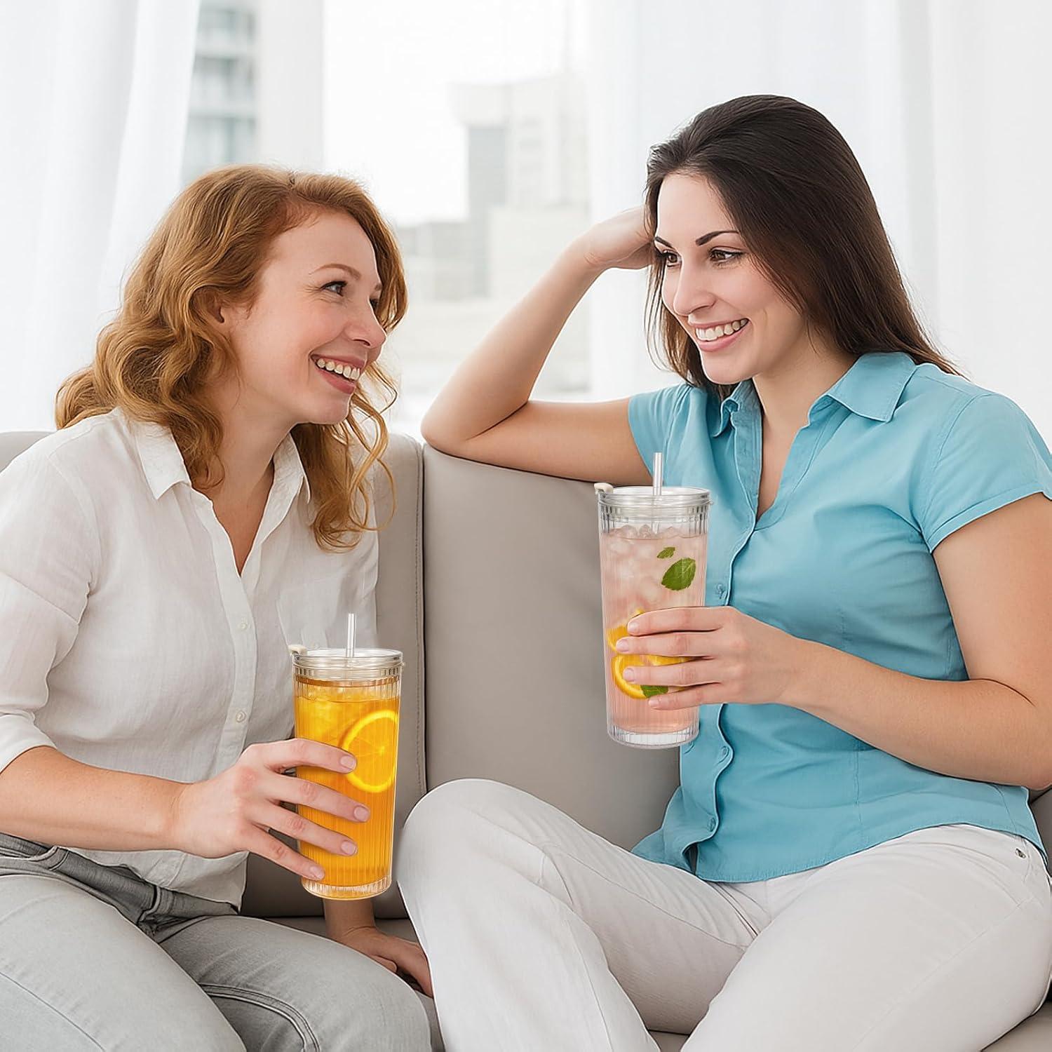 Vasos de Vidrio Estriado WERTIOO 20 Oz con Popote y Tapa - 2 Piezas