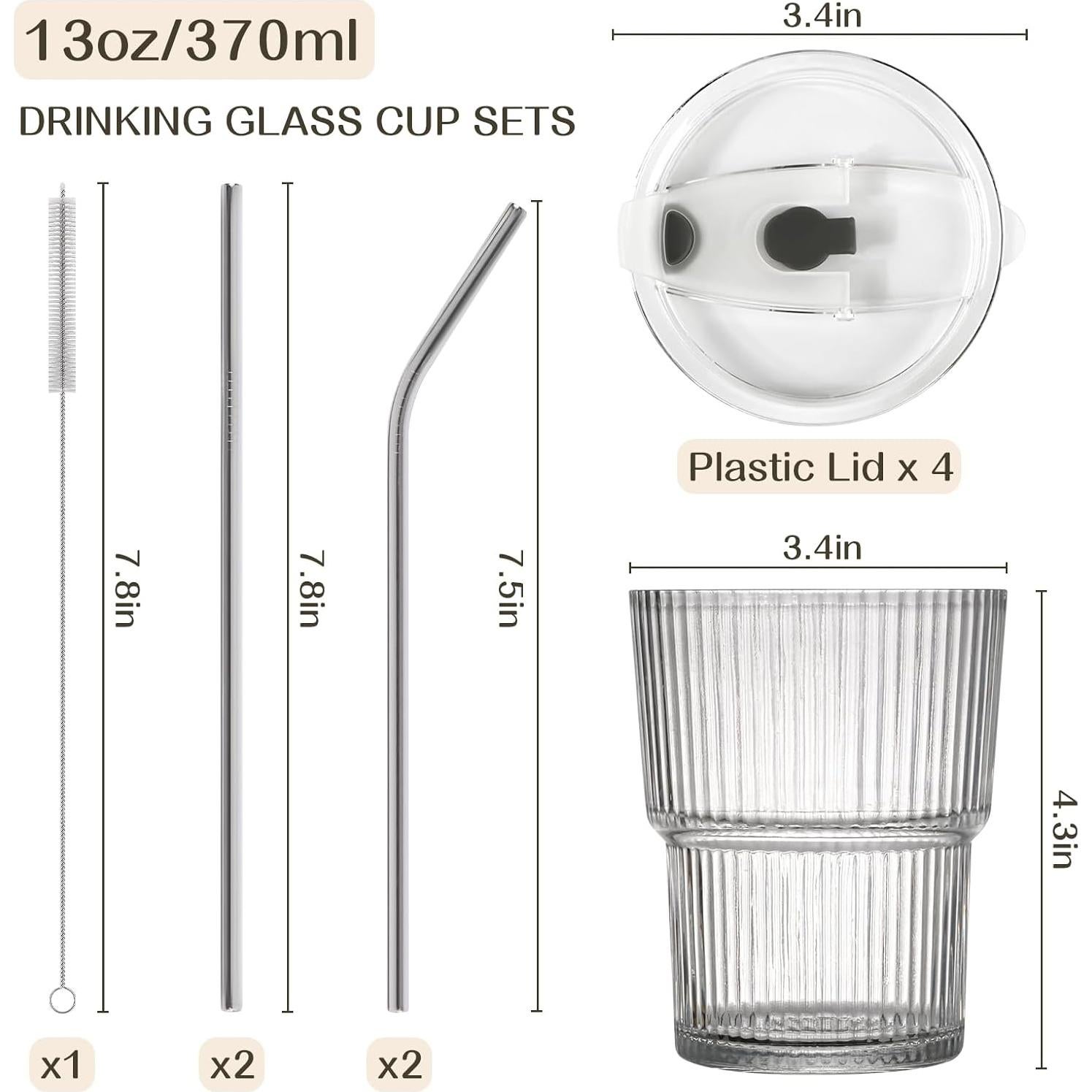 Juego de 4 Tazas de Vidrio 13oz con Tapas y Pajitas AUFXKOO