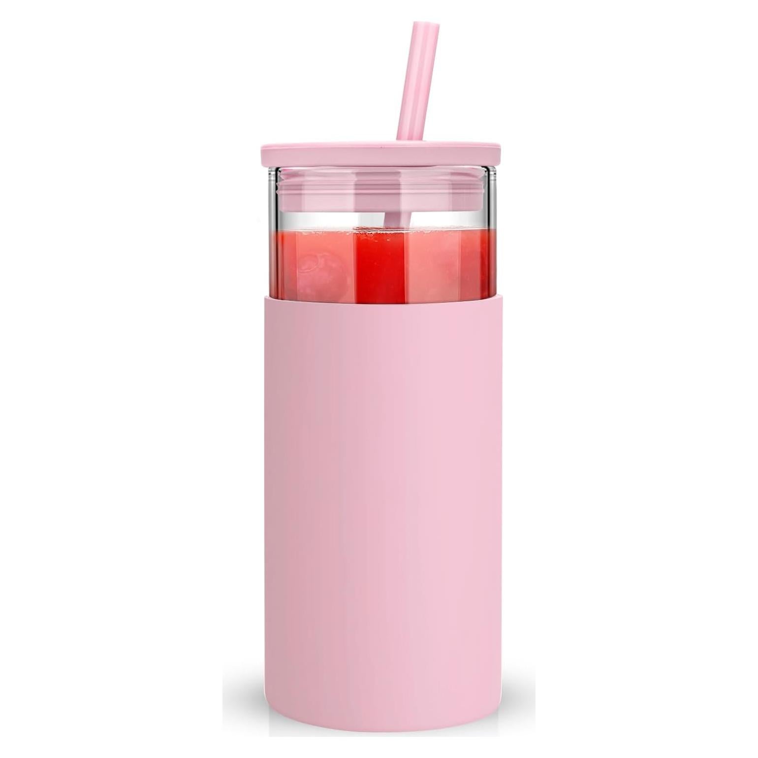 Vaso de Vidrio de Borosilicato 20 oz Tronco Rosa con Tapa