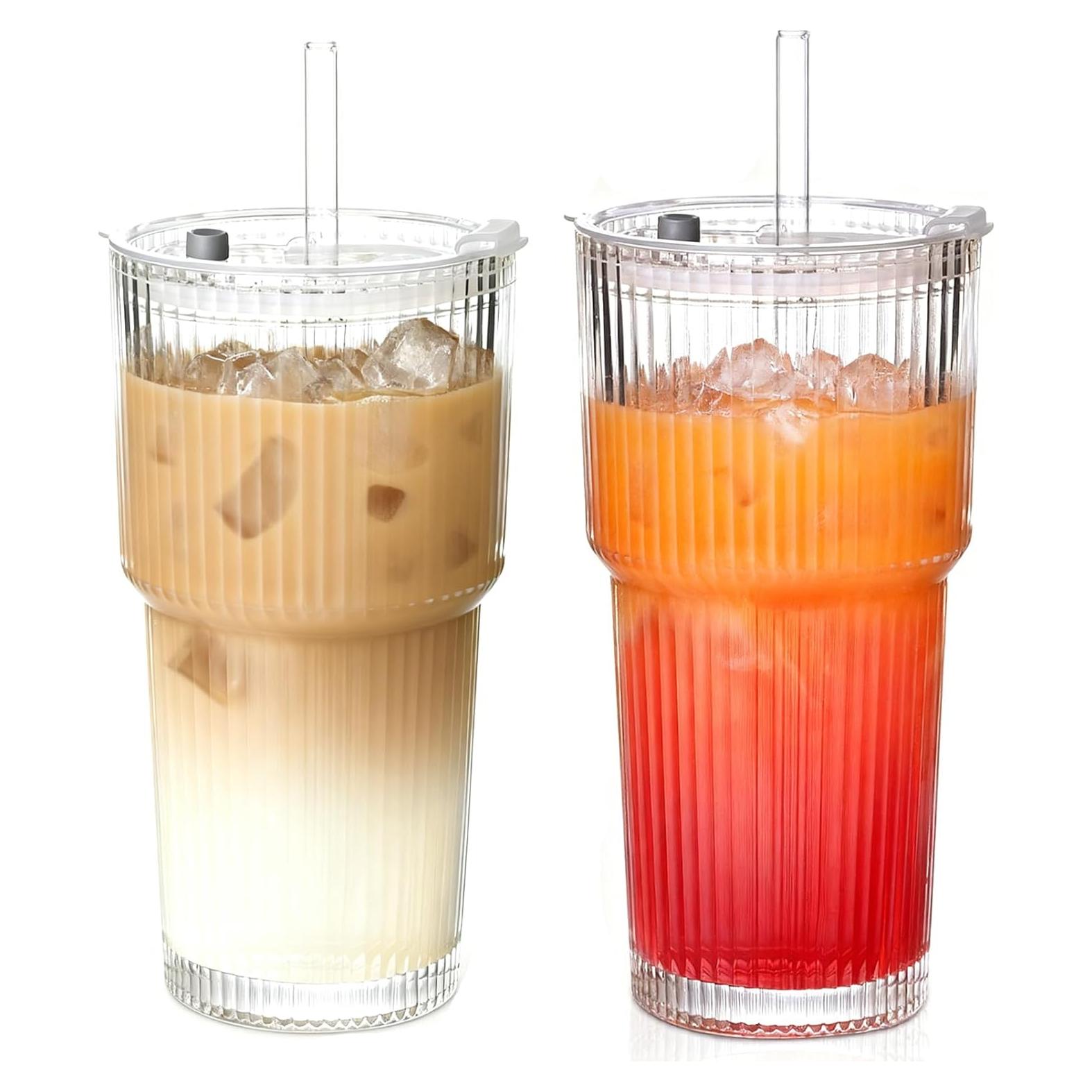 Set de 2 Tazas de Vidrio AFINSEA 590 ml con Popote y Tapa