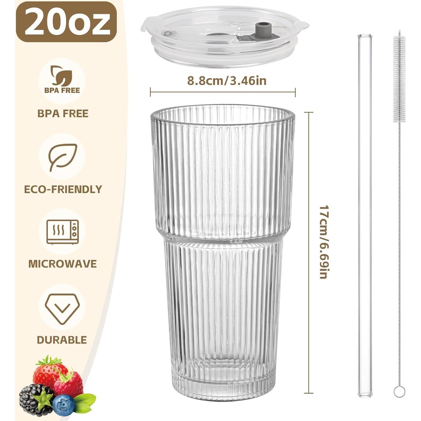 Set de 2 Tazas de Vidrio AFINSEA 590 ml con Popote y Tapa